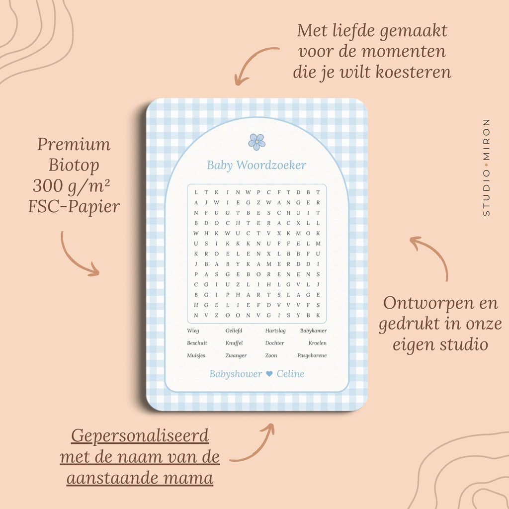 Babyshower spelletjes baby woordzoeker pluspunten gingham blauw Studio Miron
