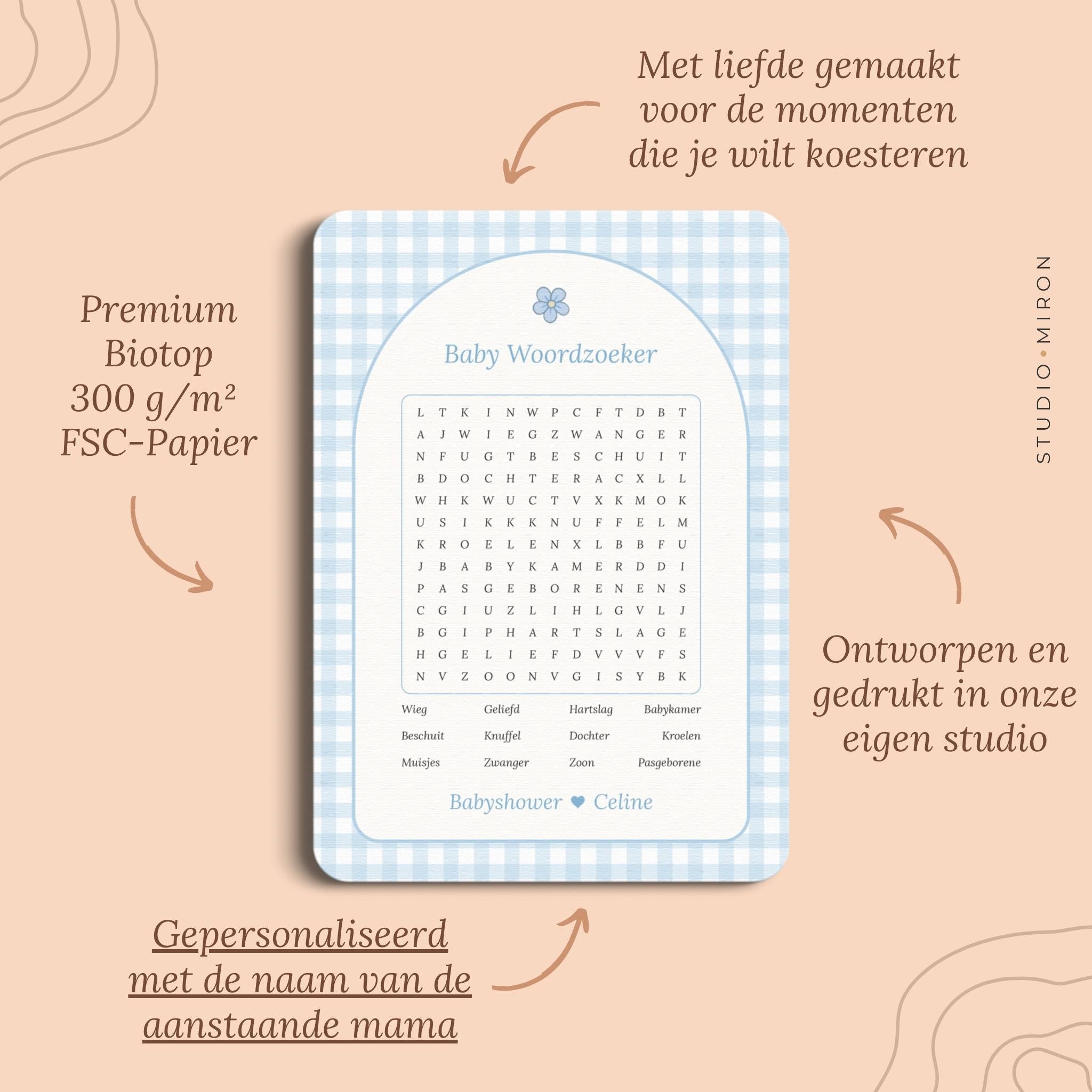 Babyshower spelletjes baby woordzoeker pluspunten gingham blauw Studio Miron