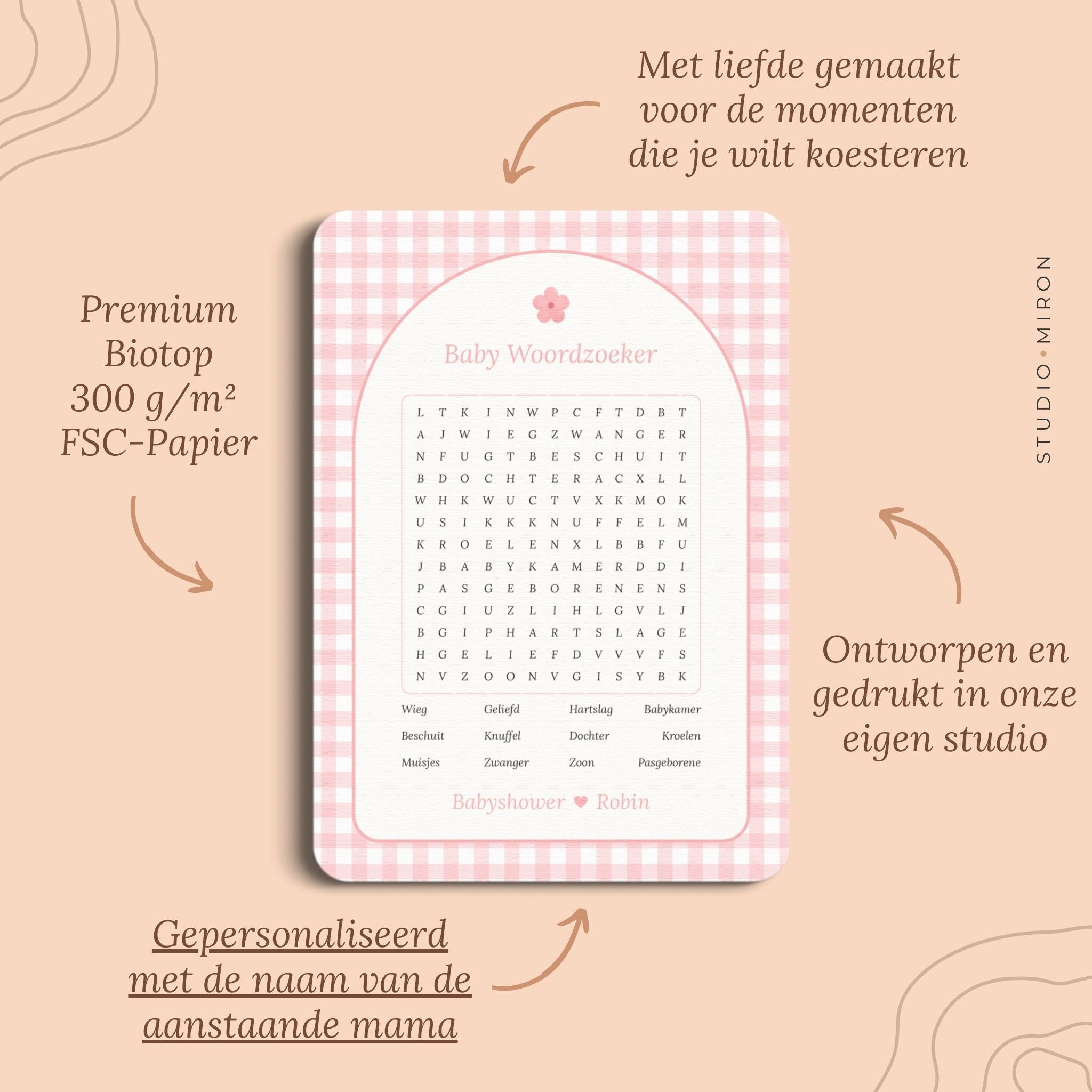 Babyshower spelletjes baby woordzoeker pluspunten gingham roze Studio Miron