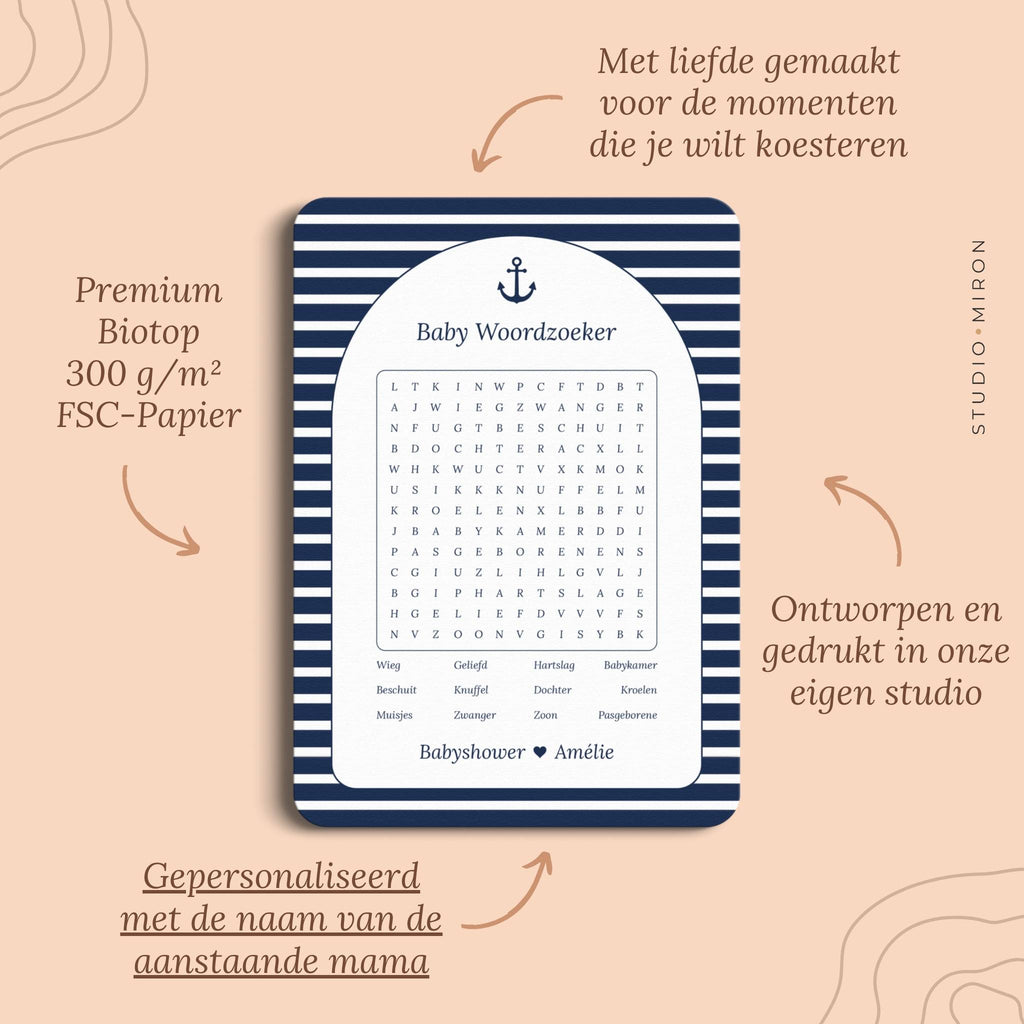 Babyshower spelletjes baby woordzoeker pluspunten navy blue Studio Miron