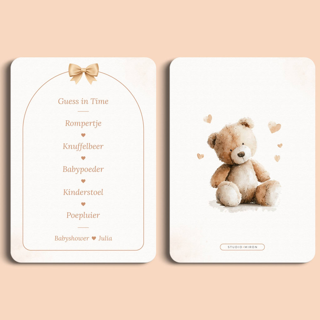 Babyshower spelletjes guess in time boho beige beertje voor en achter Studio Miron