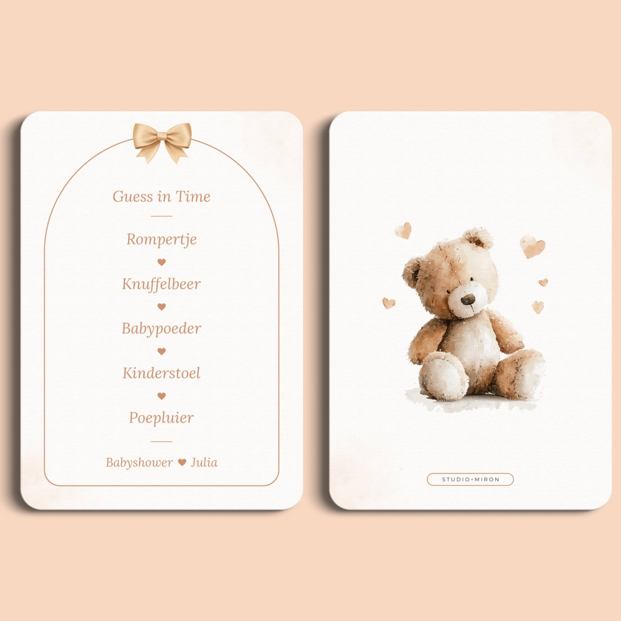 Babyshower spelletjes guess in time boho beige beertje voor en achter Studio Miron