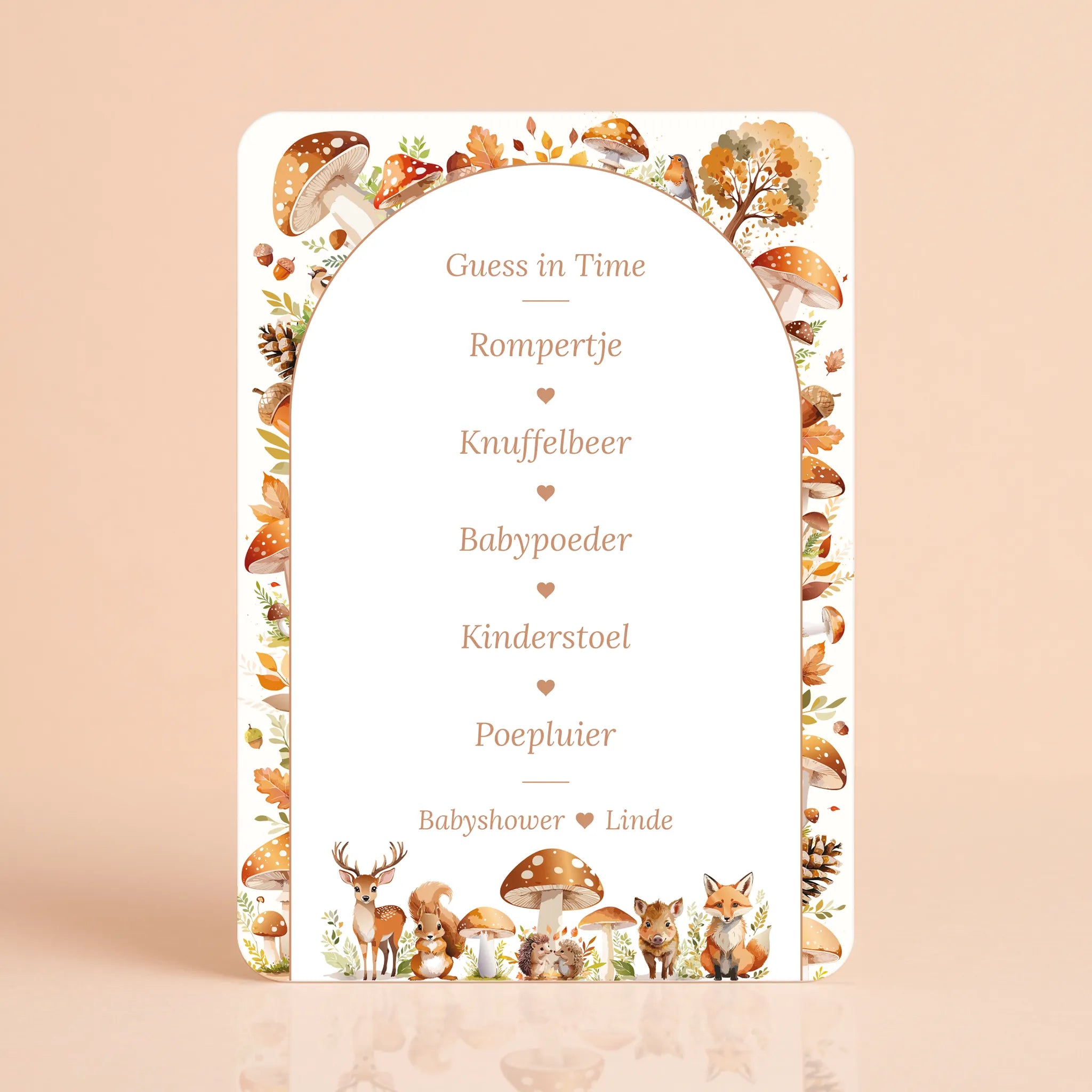 Babyshower spelkaart Guess in Time in Bosdieren stijl, gepersonaliseerd met naam – Studio Miron