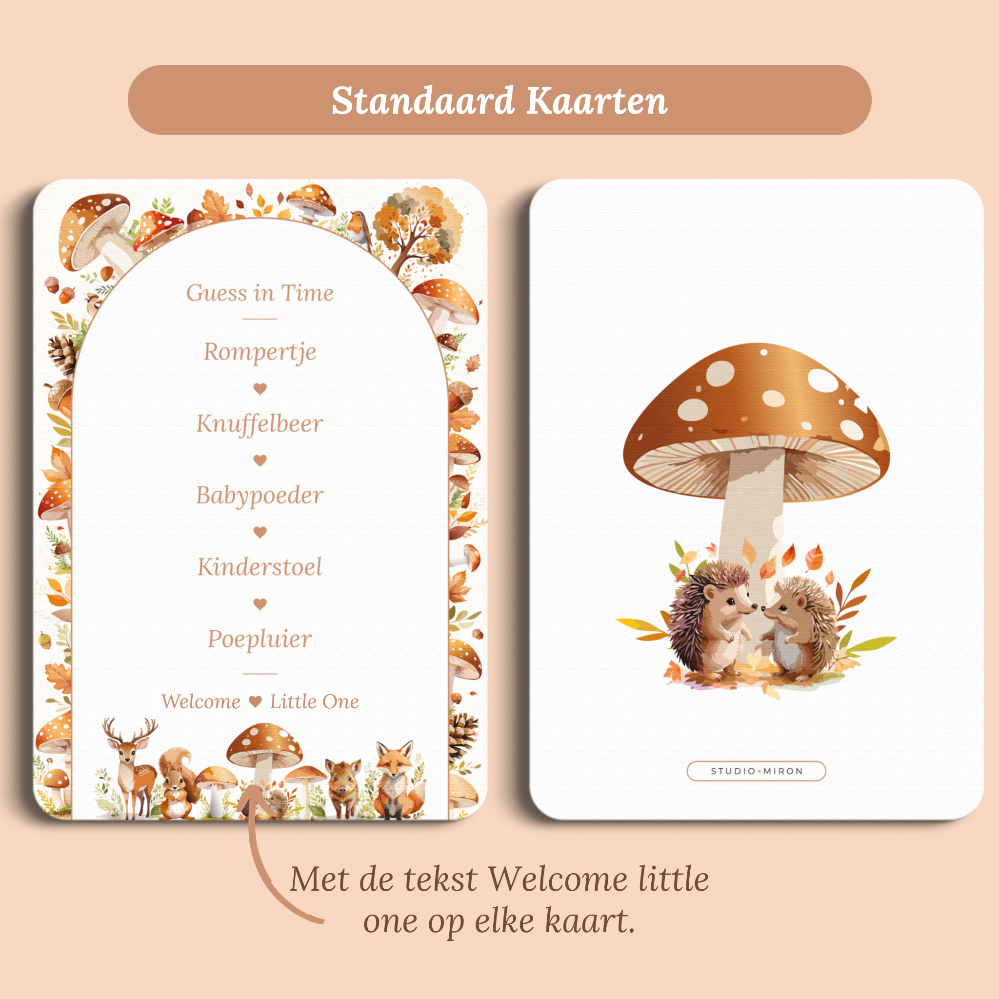 Babyshower spelkaart Guess in Time in Bosdieren stijl, standaardversie met Welcome Little One – Studio Miron