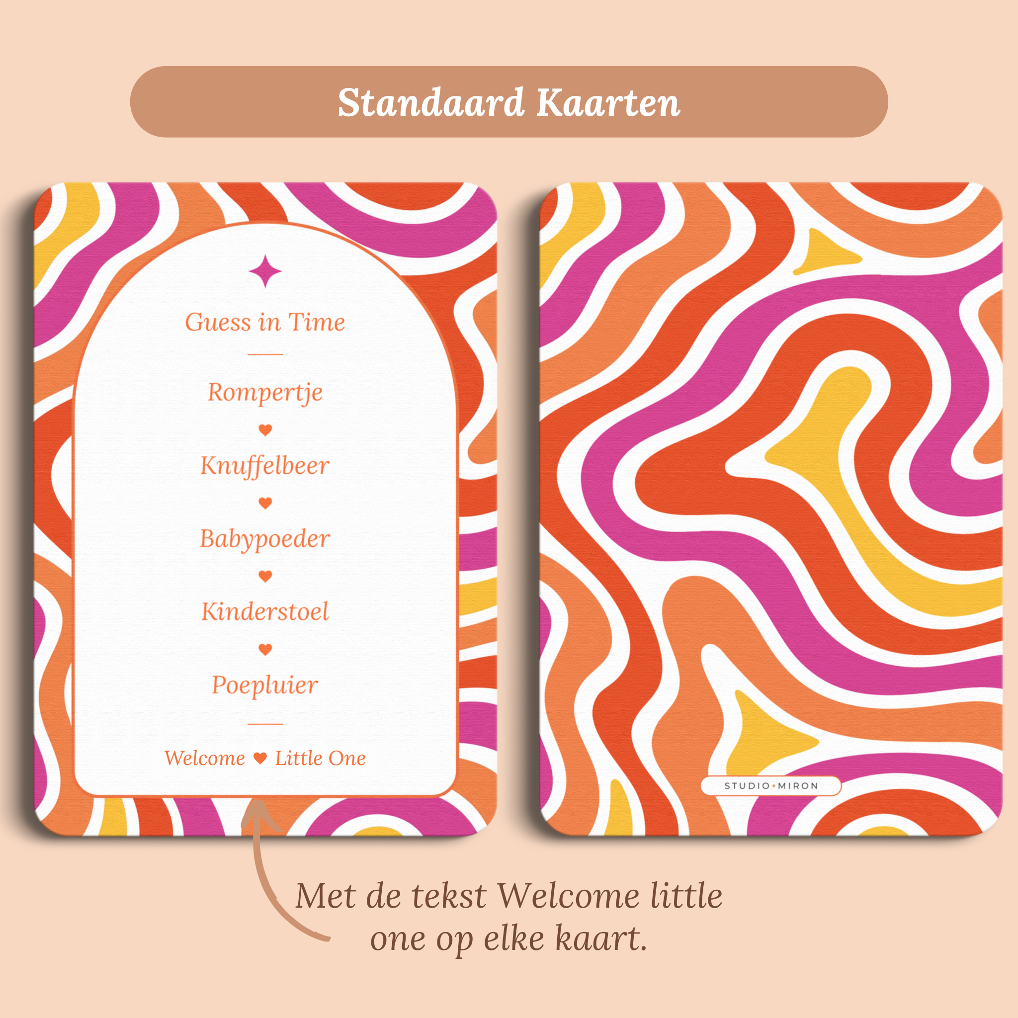 Babyshower spelkaart Guess in Time in Flower Power stijl, standaardversie met Welcome Little One – Studio Miron