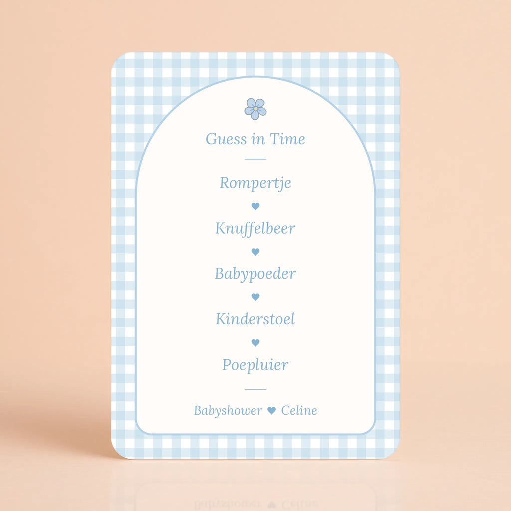 Babyshower spelletjes guess in time gingham blauw gepersonaliseerd Studio Miron