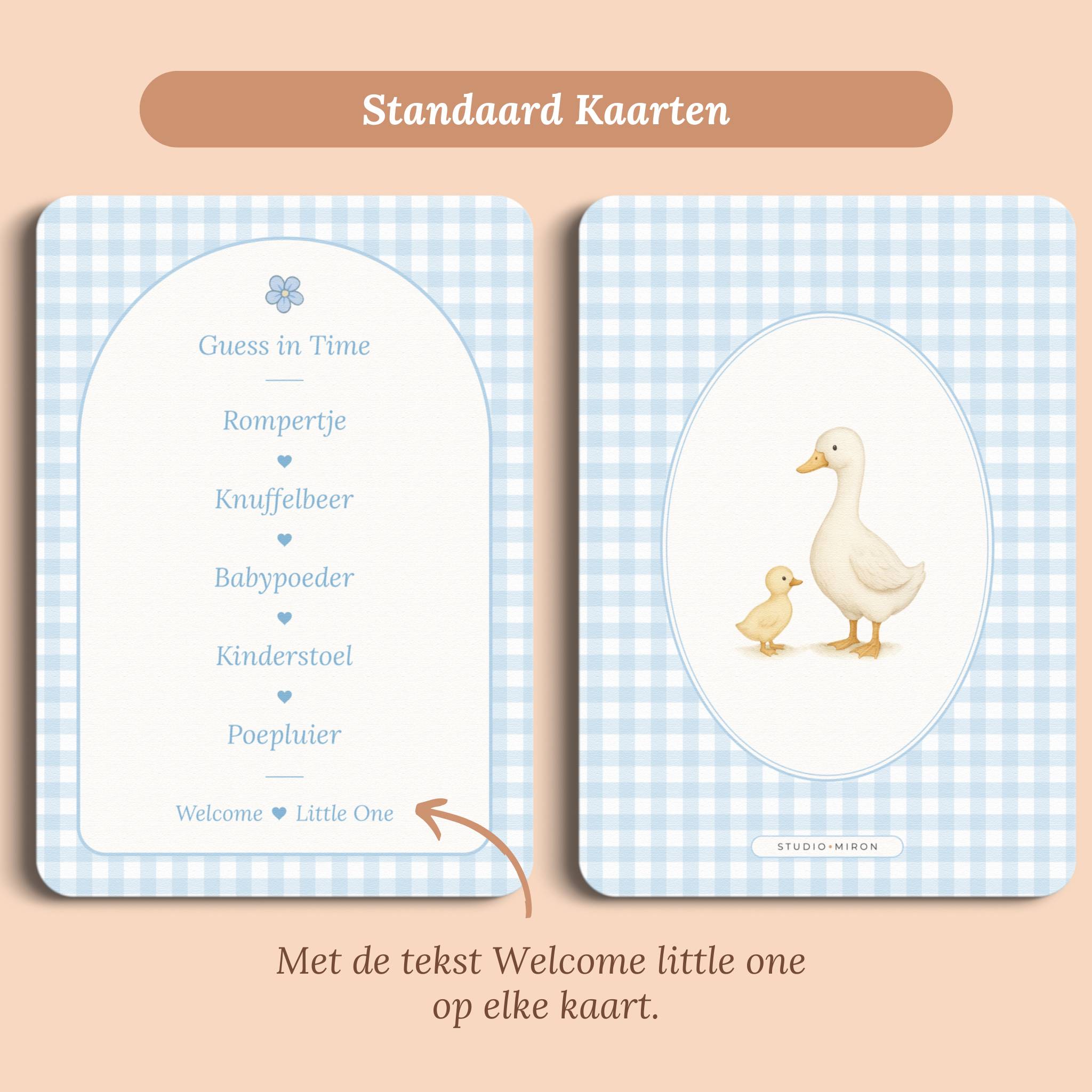 Babyshower spelletjes guess in time gingham blauw standaard voor en achter Studio Miron