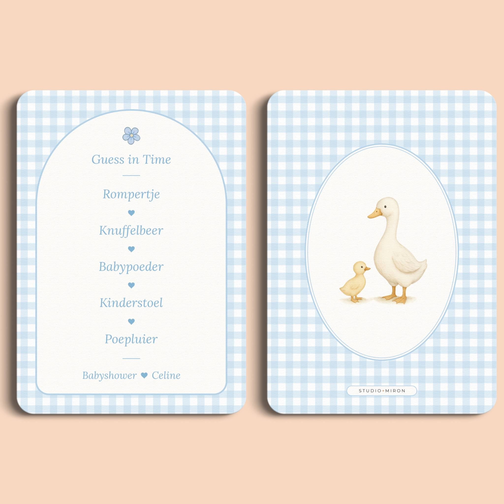 Babyshower spelletjes guess in time gingham blauw voor en achter Studio Miron