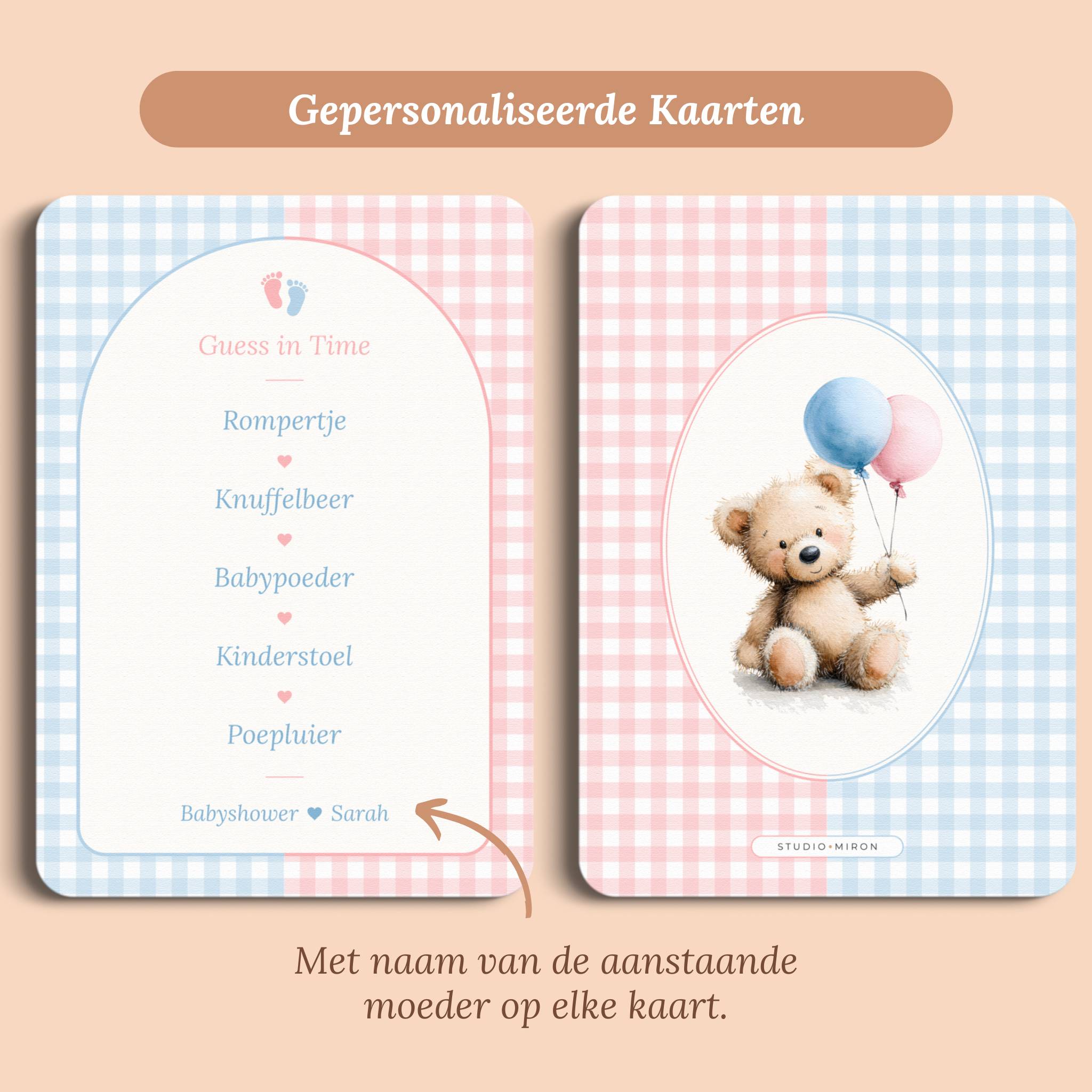Babyshower spelletjes guess in time gingham roze blauw gepersonaliseerd voor en achter Studio Miron