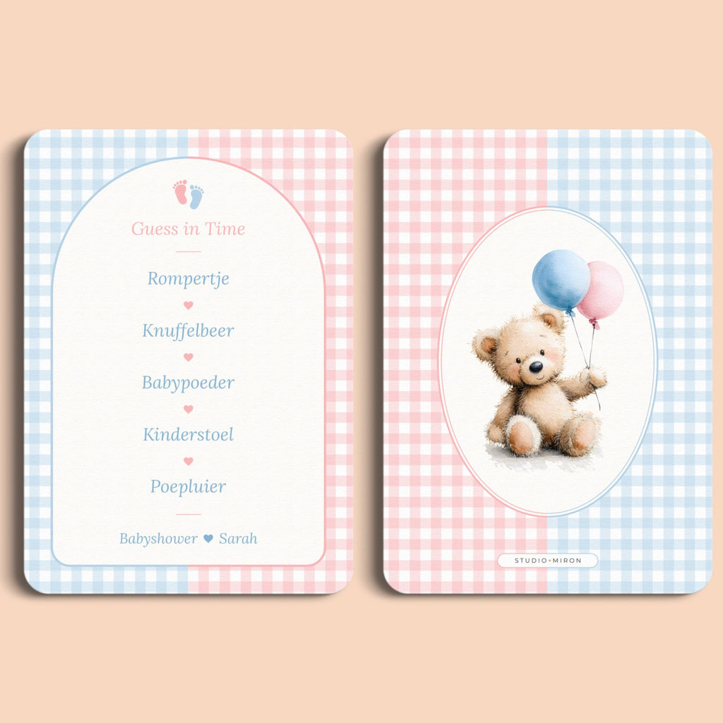 Babyshower spelletjes guess in time gingham roze blauw voor en achter Studio Miron