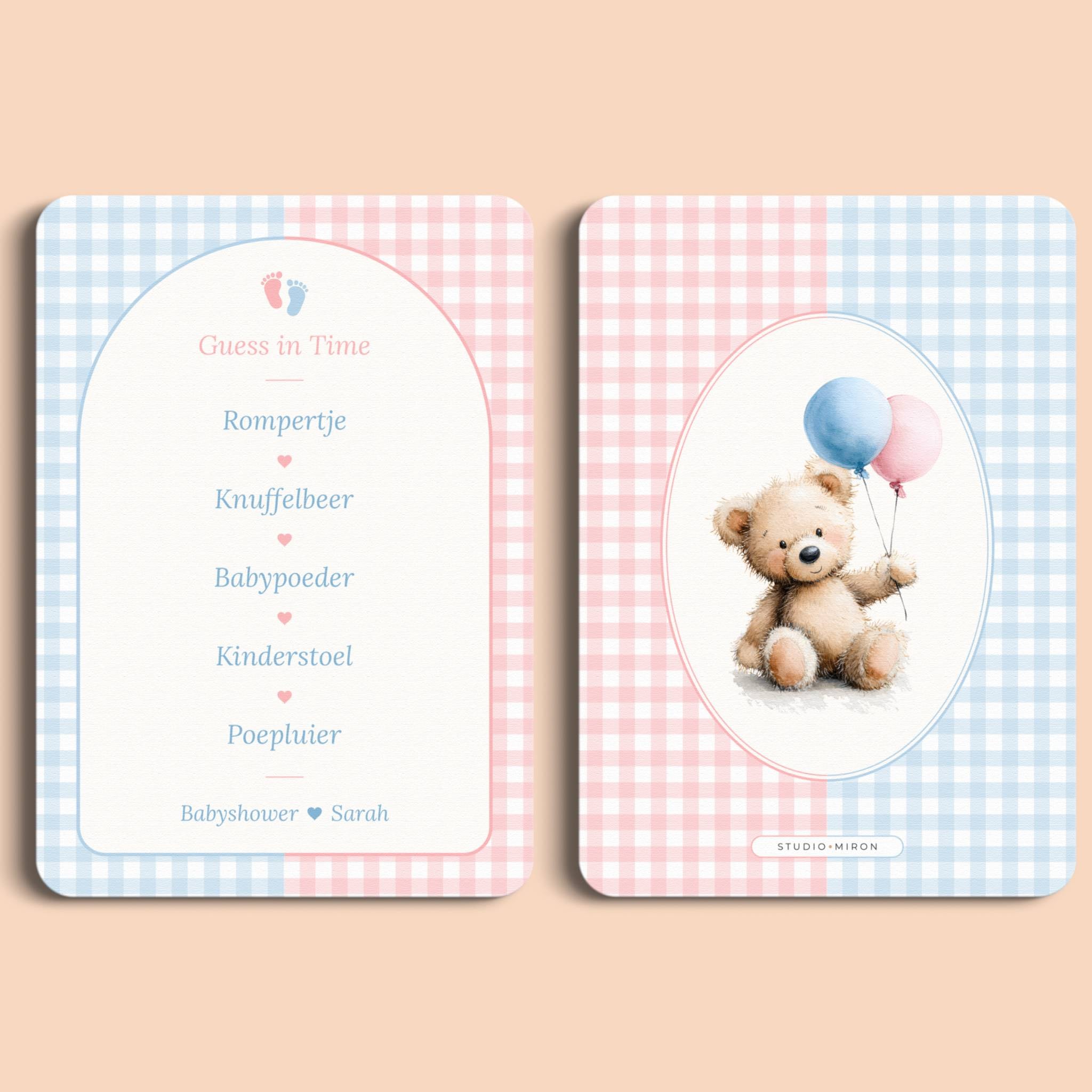 Babyshower spelletjes guess in time gingham roze blauw voor en achter Studio Miron