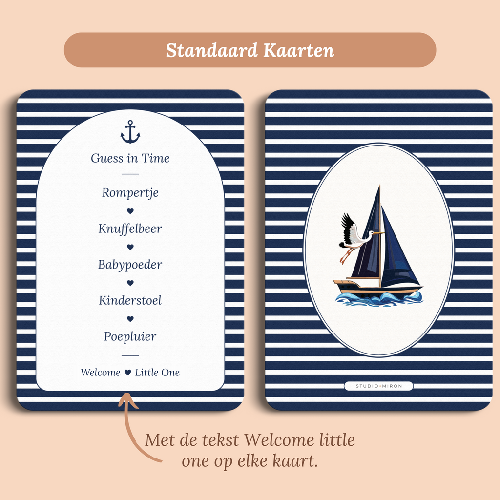 Babyshower spelkaart Guess in Time in Navy Blue stijl, standaardversie met Welcome Little One – Studio Miron