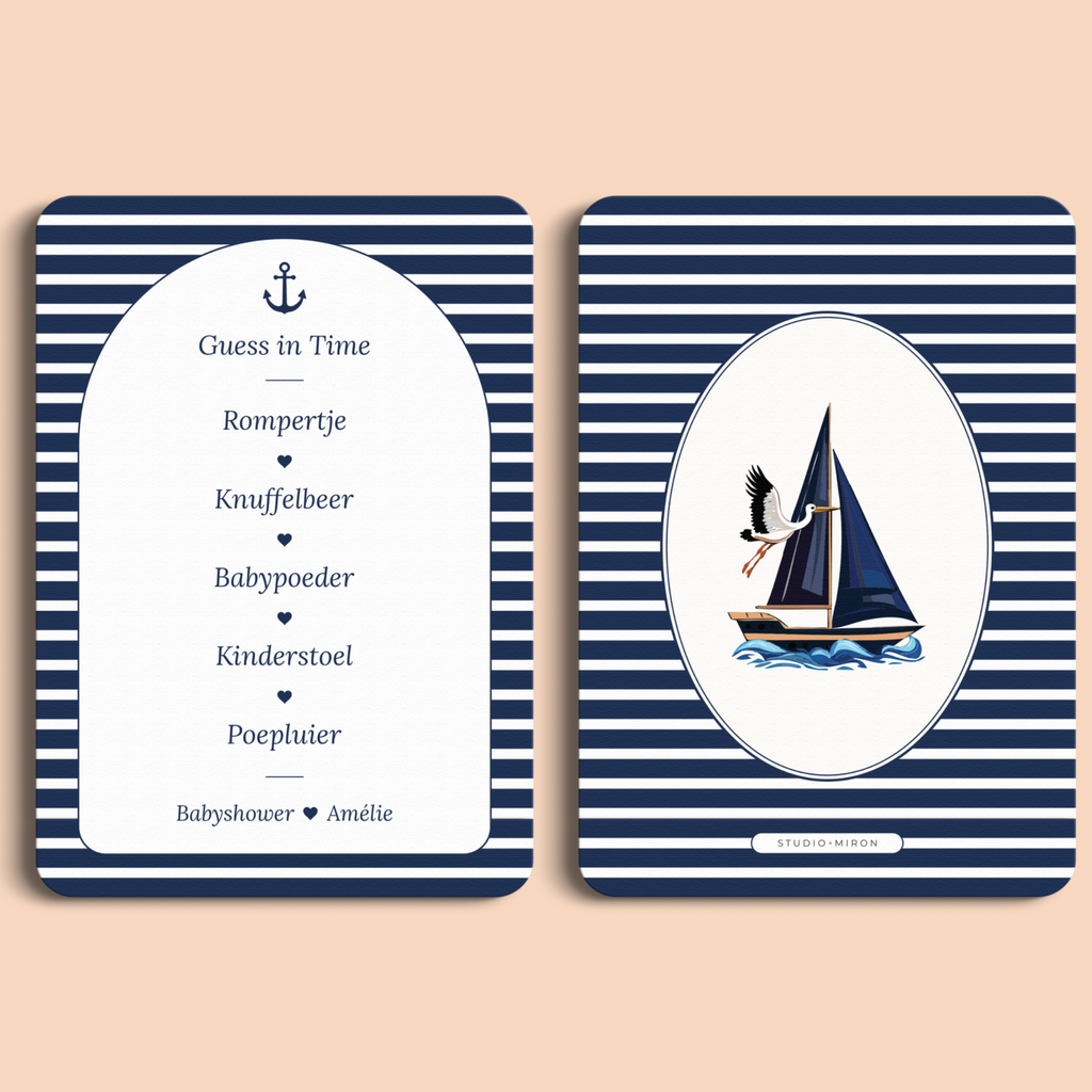 Babyshower spelkaart Guess in Time in Navy Blue stijl, voor- en achterkant – Studio Miron
