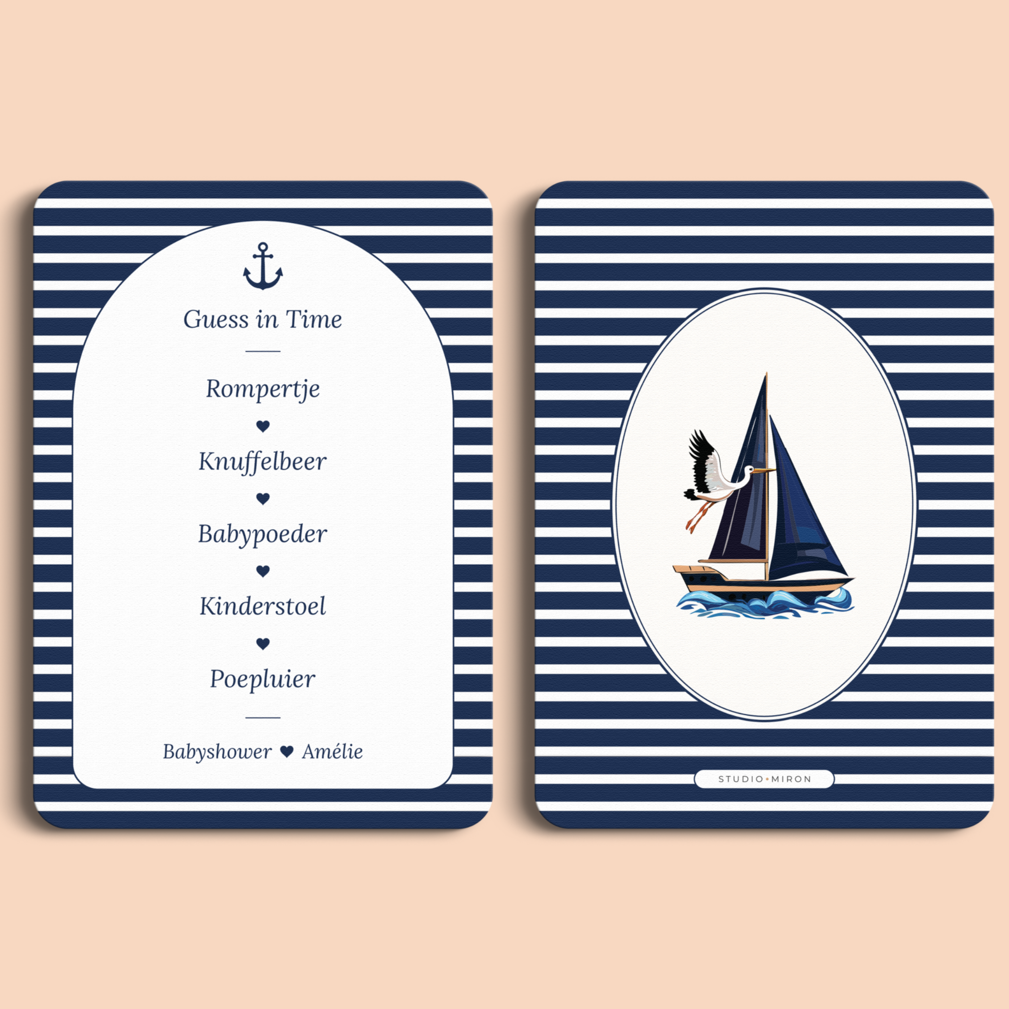 Babyshower spelkaart Guess in Time in Navy Blue stijl, voor- en achterkant – Studio Miron