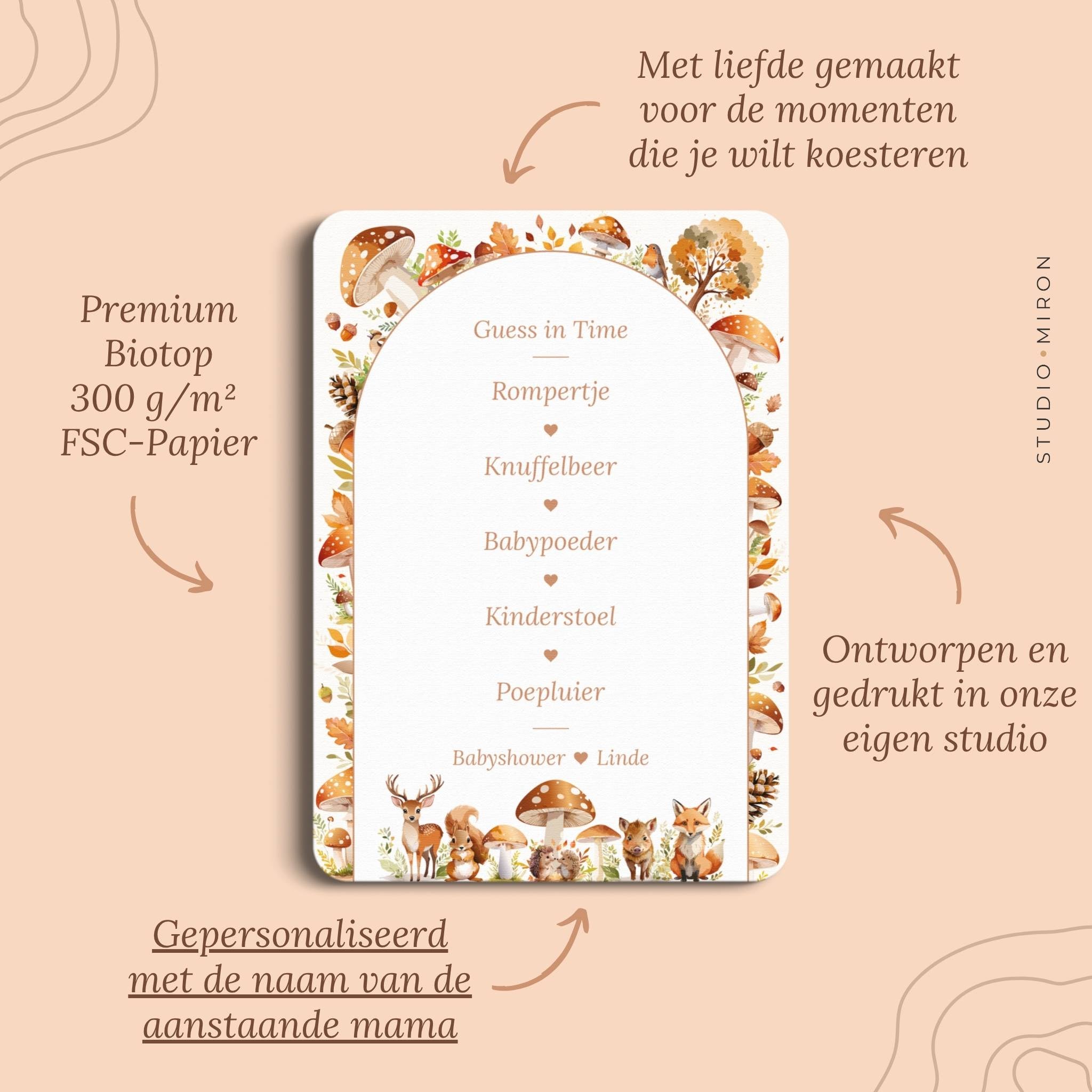 Babyshower spelletjes guess in time pluspunten bosdieren Studio Miron