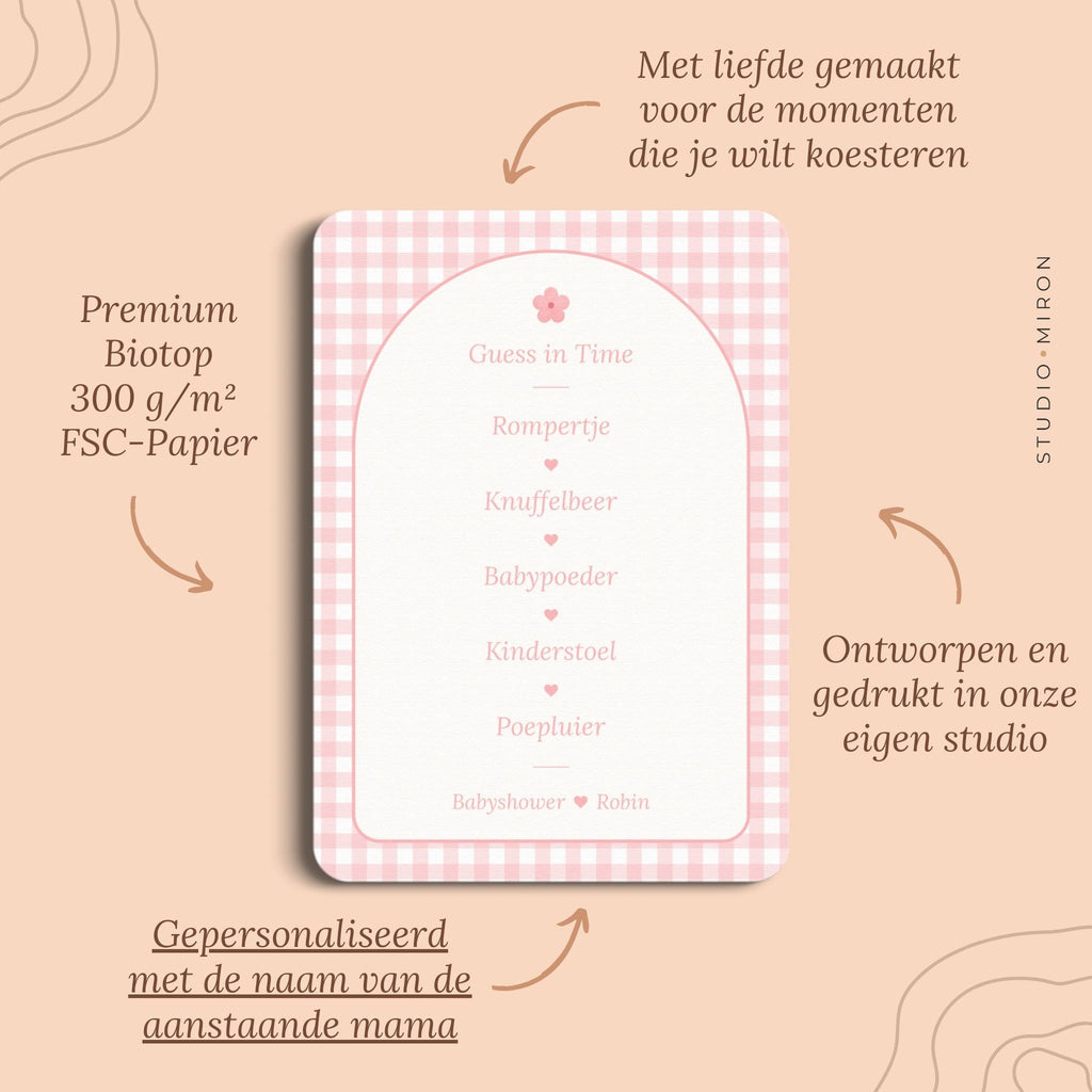 Babyshower spelletjes guess in time pluspunten gingham roze Studio Miron