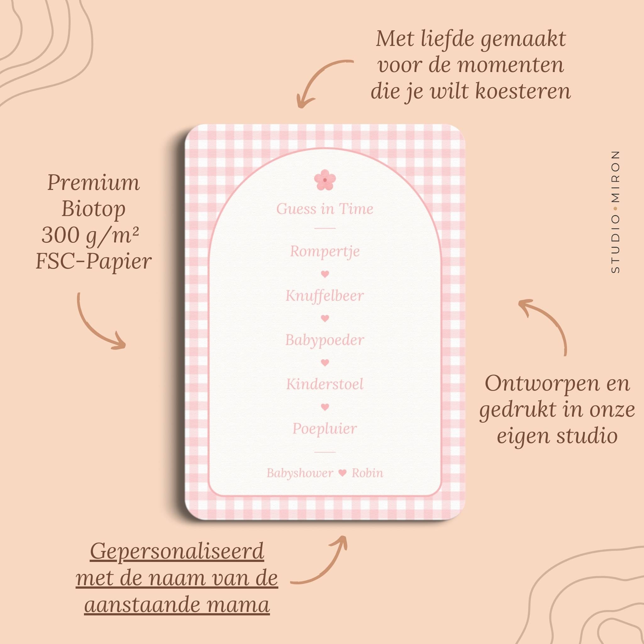 Babyshower spelletjes guess in time pluspunten gingham roze Studio Miron