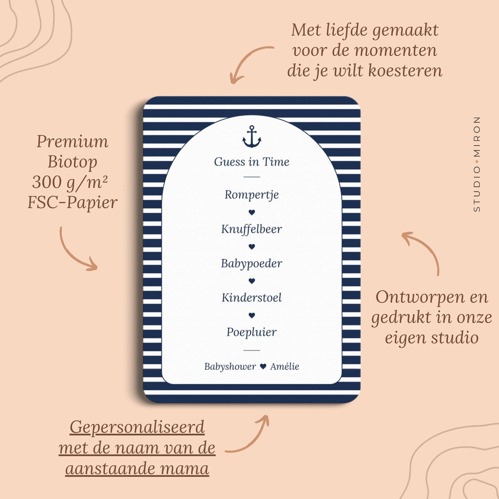 Babyshower spelletjes guess in time pluspunten navy blue Studio Miron