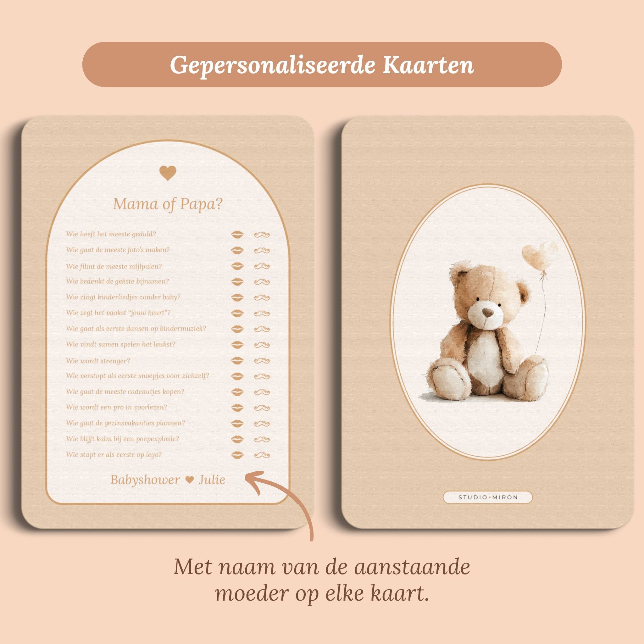 Babyshower spelletjes mama of papa boho zand gepersonaliseerd voor en achter Studio Miron