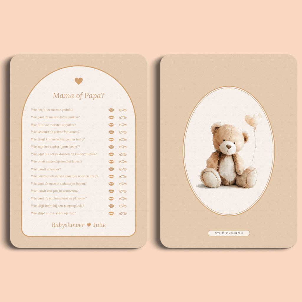 Babyshower spelletjes mama of papa boho zand voor en achter Studio Miron