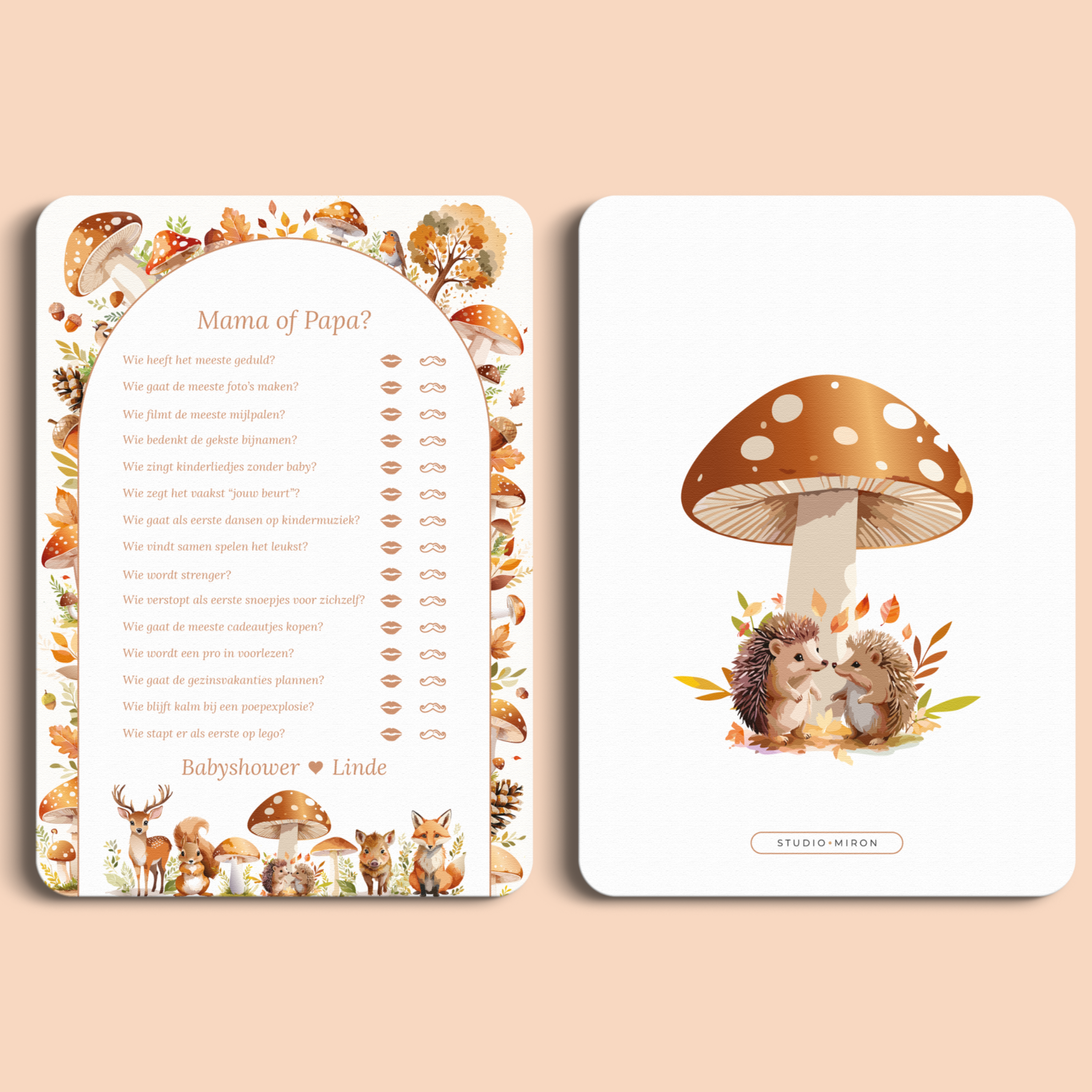 Babyshower spelkaart Mama of Papa in Bosdieren stijl, voor- en achterkant – Studio Miron