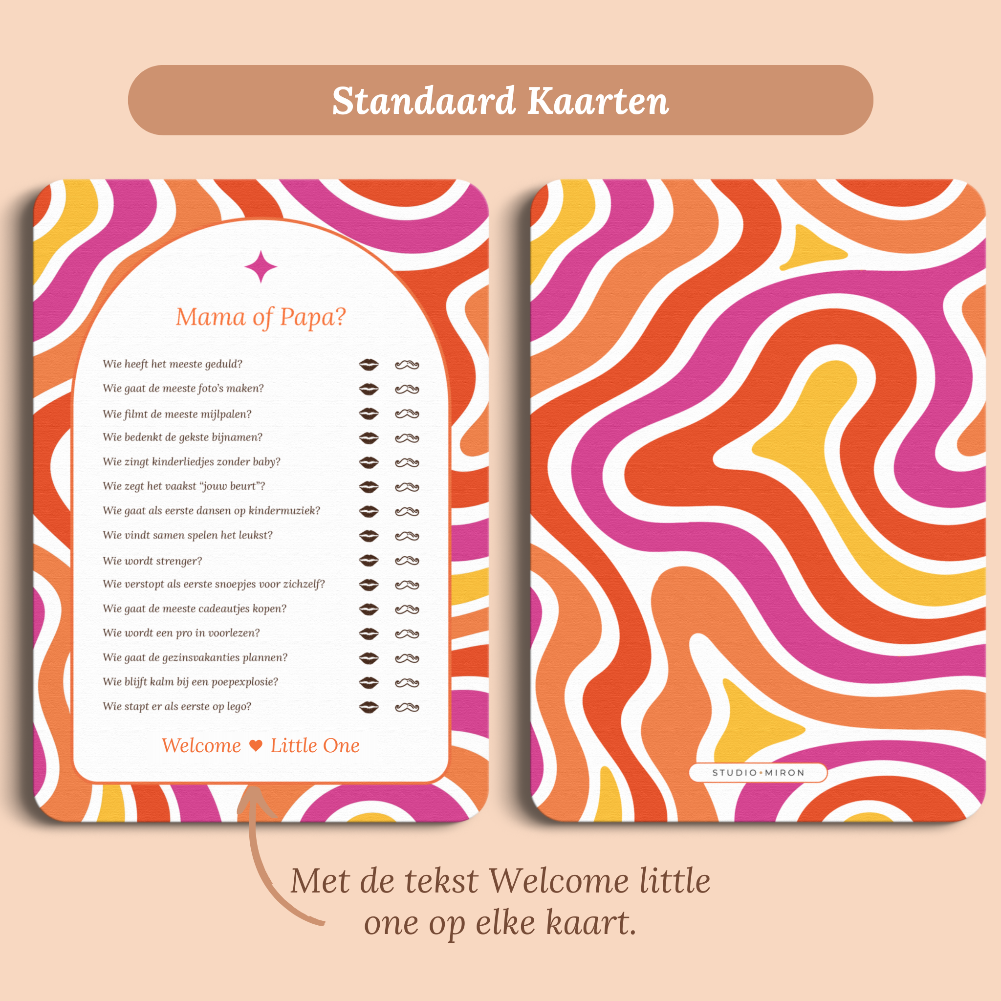 Babyshower spelkaart Mama of Papa in Flower Power stijl, standaardversie met Welcome Little One – Studio Miron