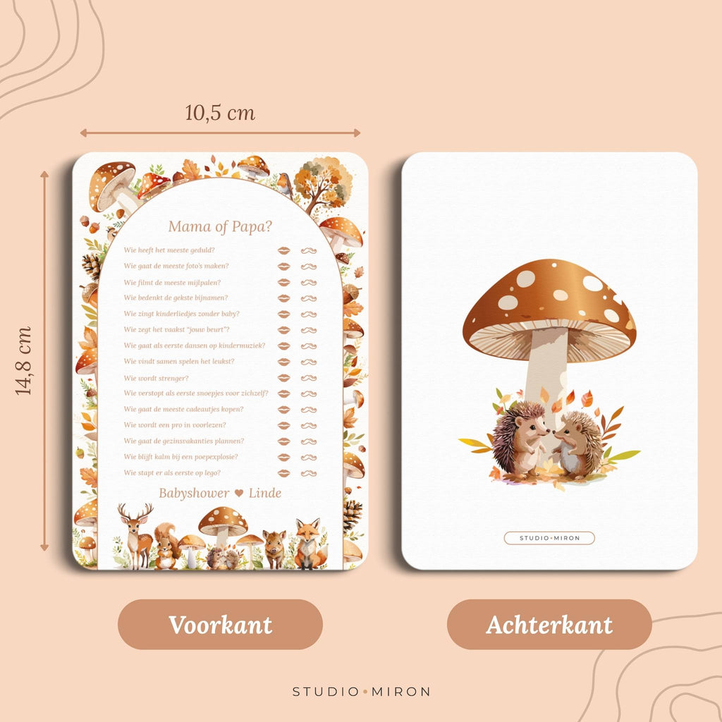 Babyshower spelletjes mama of papa formaat voorkant en achterkant bosdieren Studio Miron