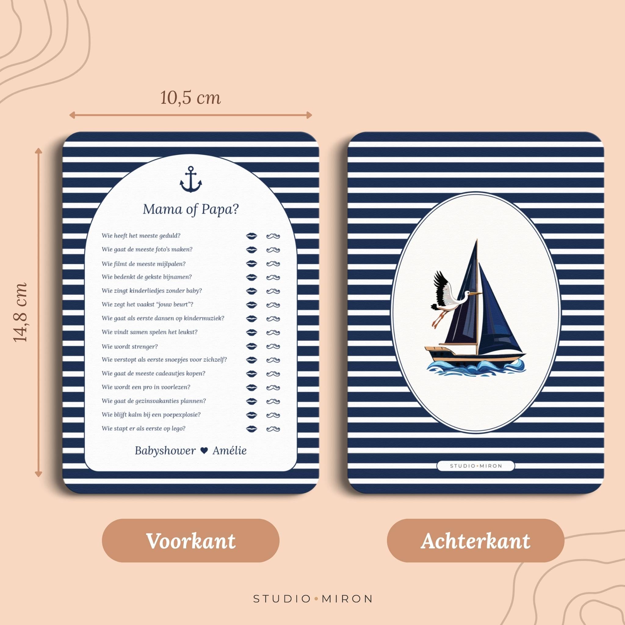 Babyshower spelletjes mama of papa formaat voorkant en achterkant navy blue Studio Miron