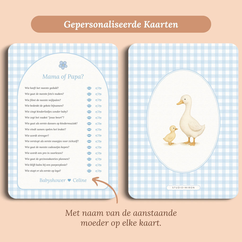 Babyshower spelletjes mama of papa gingham blauw gepersonaliseerd voor en achter Studio Miron