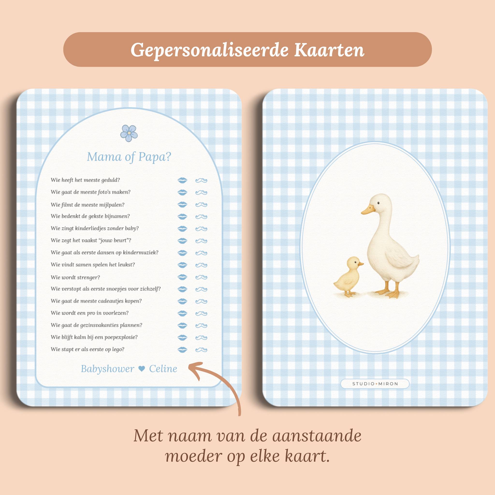 Babyshower spelletjes mama of papa gingham blauw gepersonaliseerd voor en achter Studio Miron