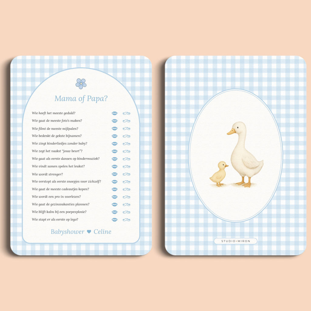 Babyshower spelletjes mama of papa gingham blauw voor en achter Studio Miron