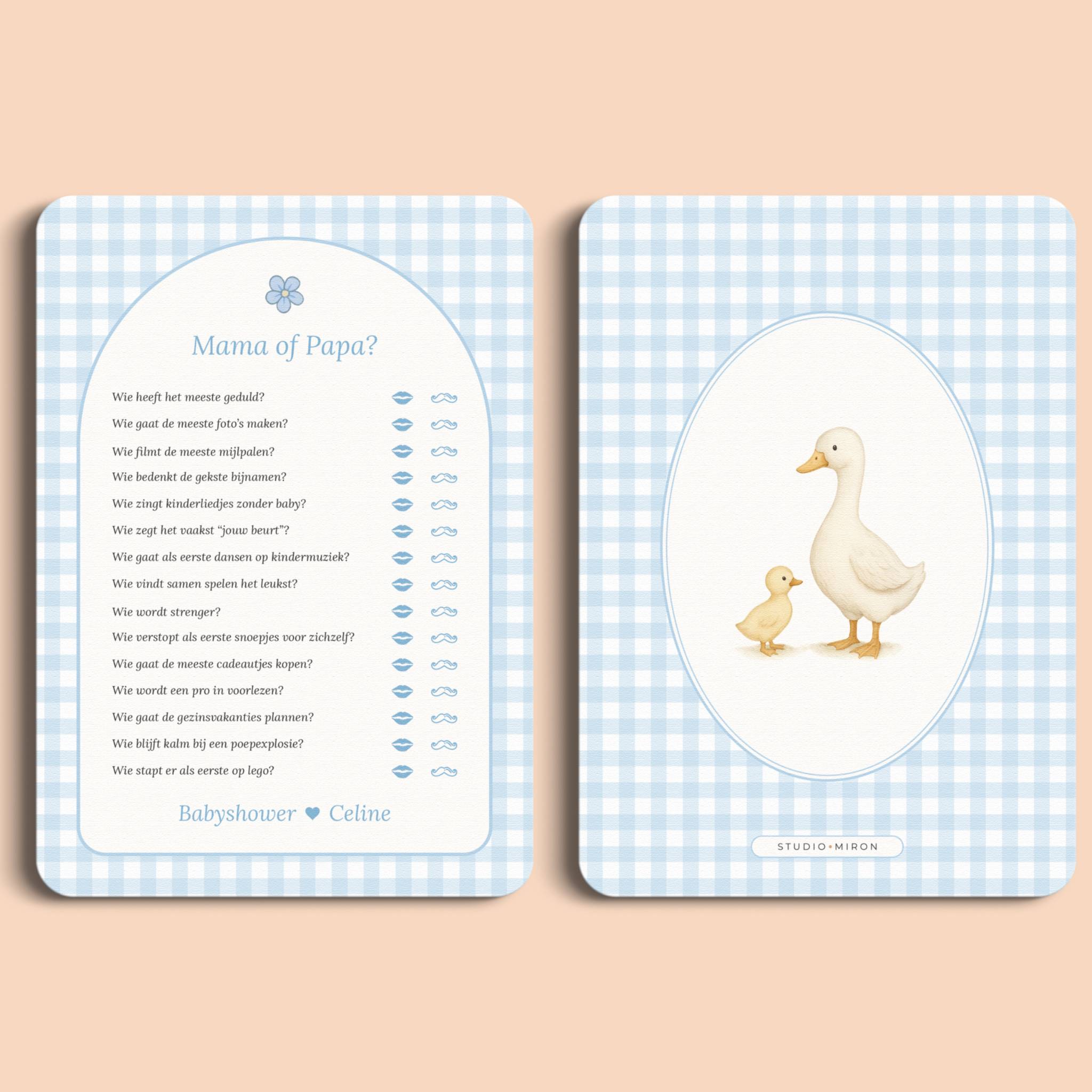 Babyshower spelletjes mama of papa gingham blauw voor en achter Studio Miron