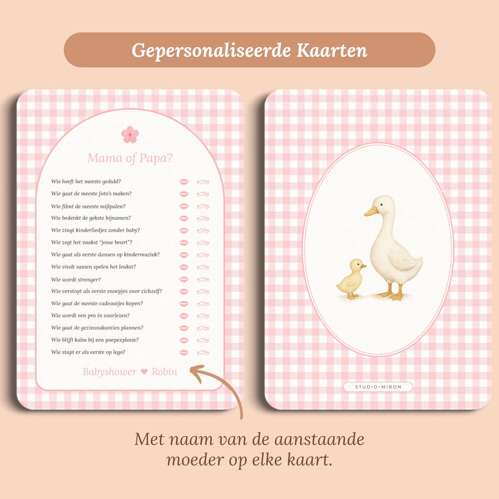 Babyshower spelletjes mama of papa gingham roze gepersonaliseerd voor en achter Studio Miron