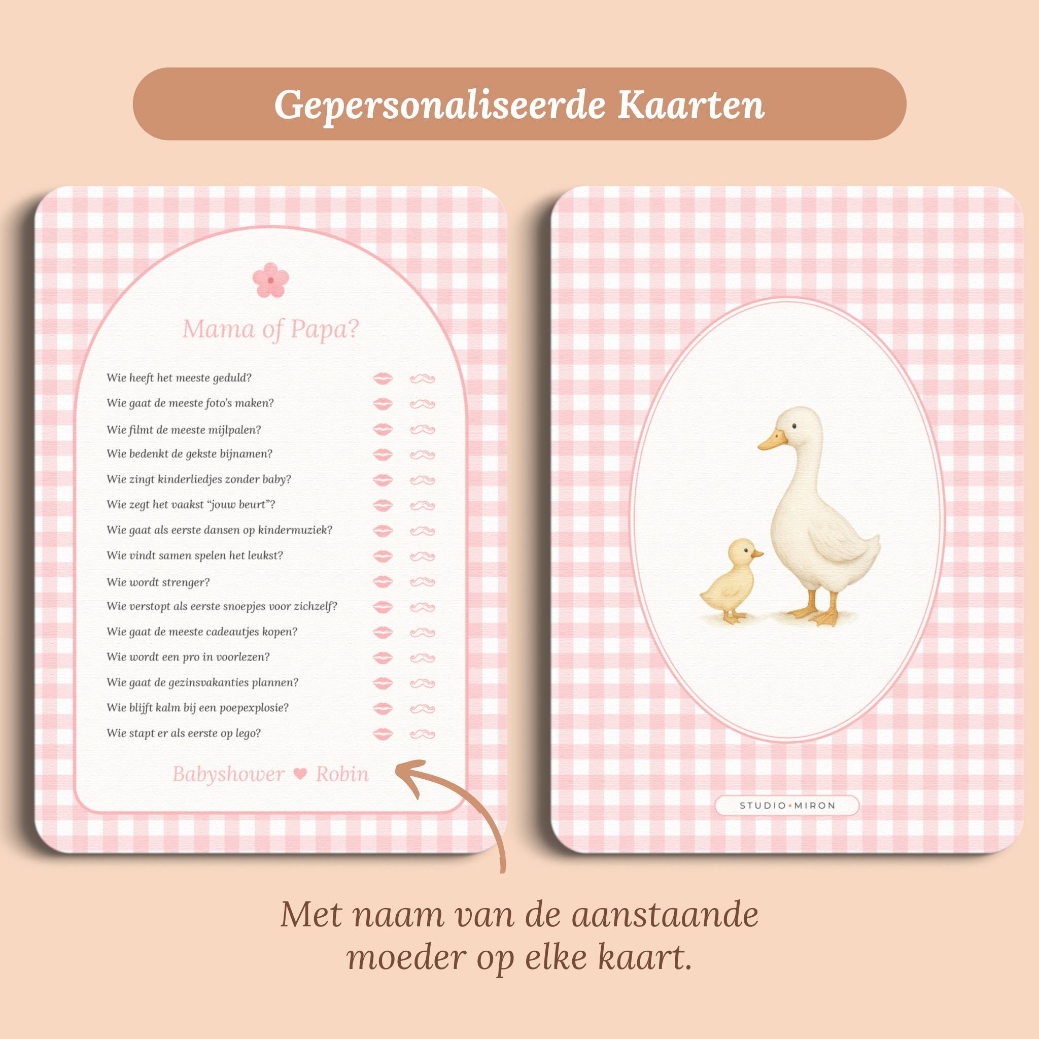 Babyshower spelletjes mama of papa gingham roze gepersonaliseerd voor en achter Studio Miron
