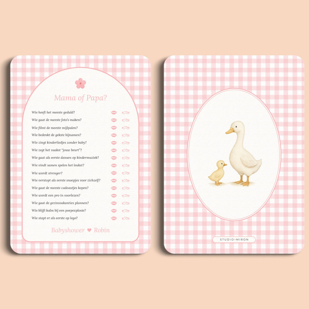 Babyshower spelletjes mama of papa gingham roze voor en achter Studio Miron