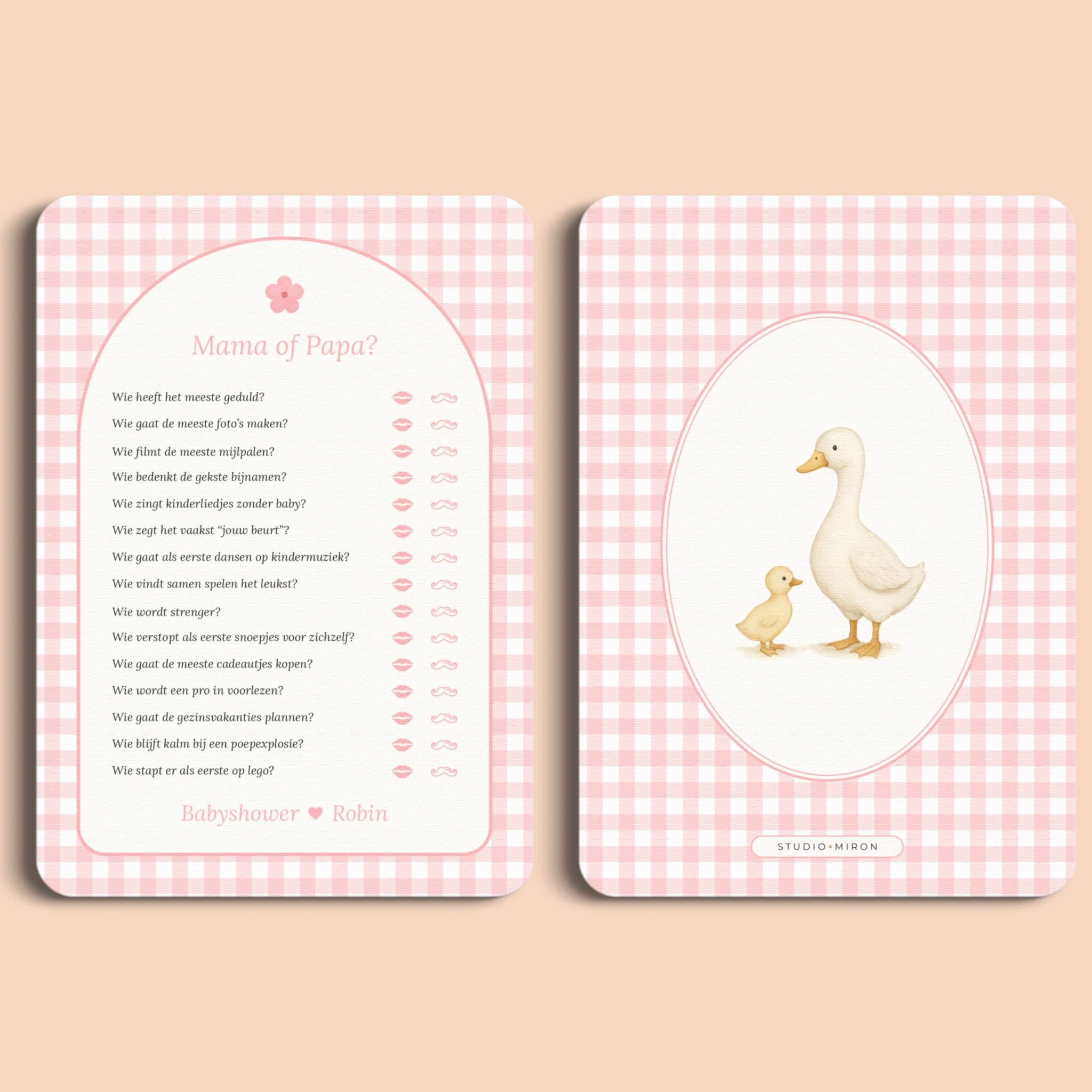 Babyshower spelletjes mama of papa gingham roze voor en achter Studio Miron