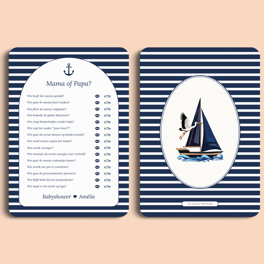 Babyshower spelkaart Mama of Papa in Navy Blue stijl, voor- en achterkant – Studio Miron