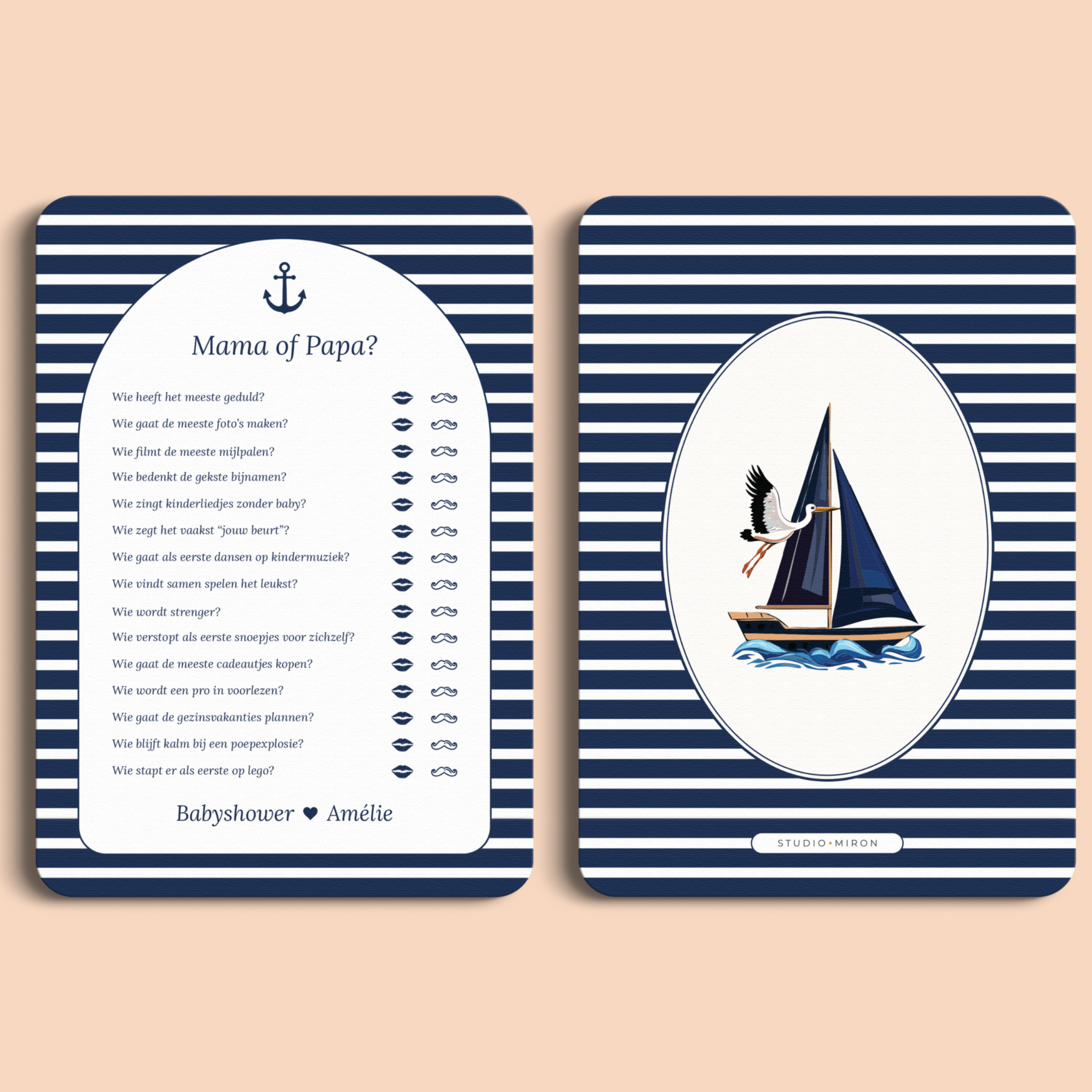 Babyshower spelkaart Mama of Papa in Navy Blue stijl, voor- en achterkant – Studio Miron