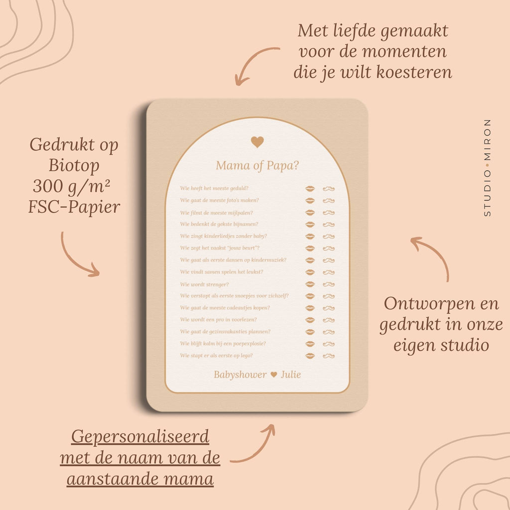 Babyshower spel Mama of Papa in Boho Zand Beer stijl, pluspunten – Studio Miron