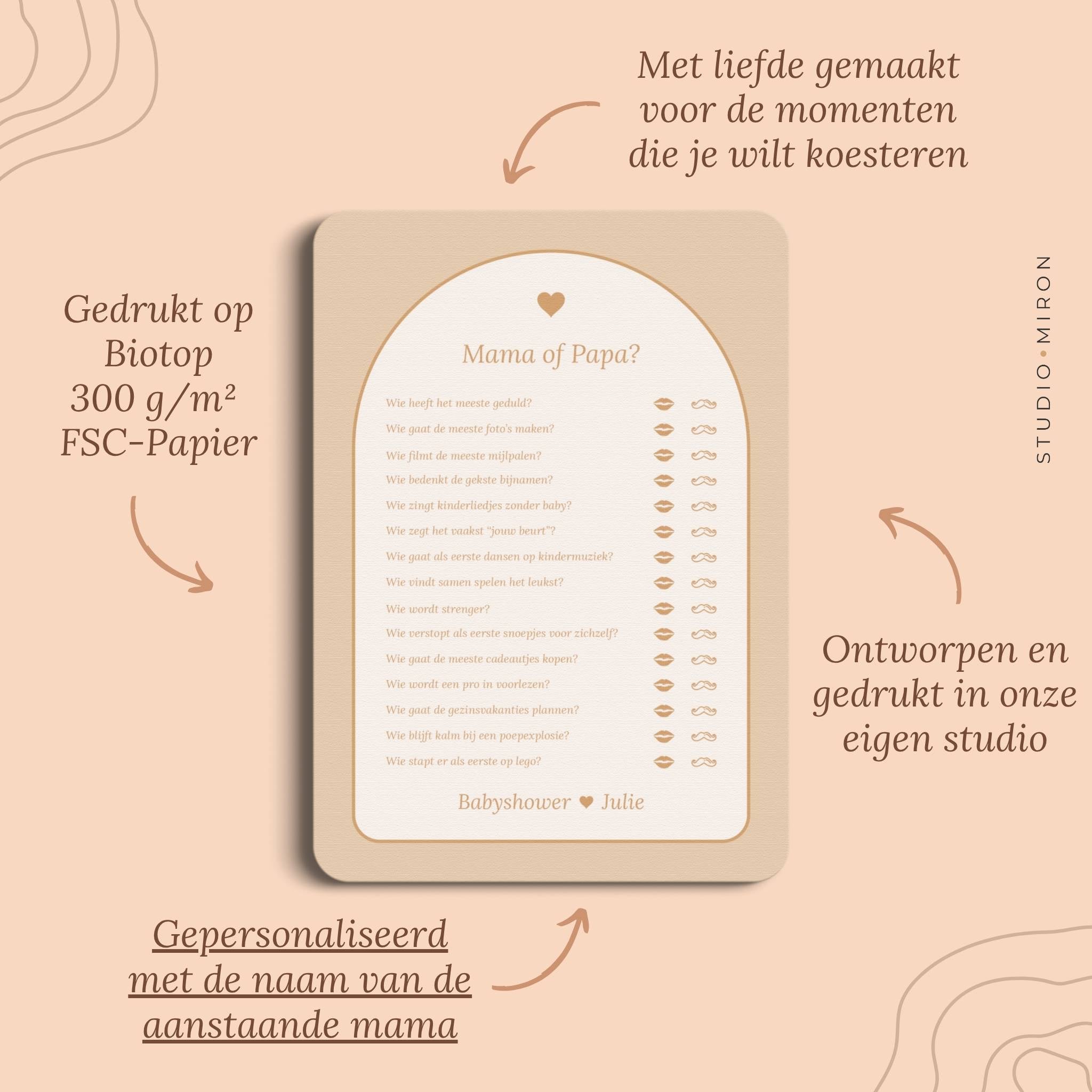 Babyshower spel Mama of Papa in Boho Zand Beer stijl, pluspunten – Studio Miron