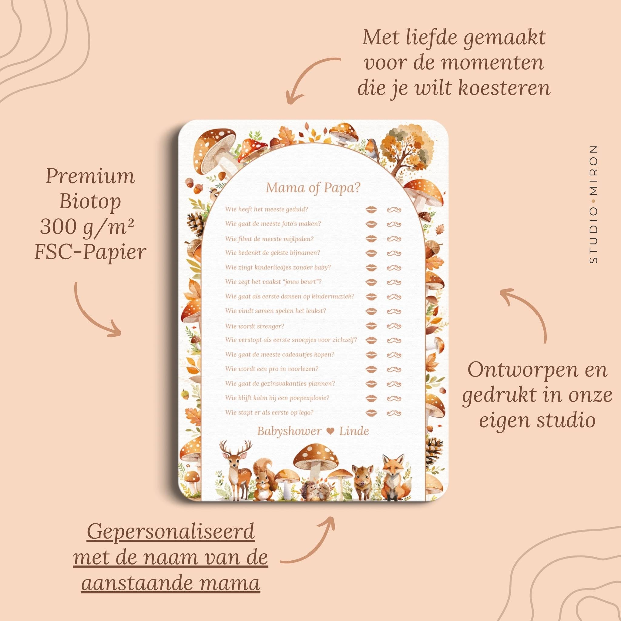 Babyshower spelletjes mama of papa pluspunten bosdieren Studio Miron