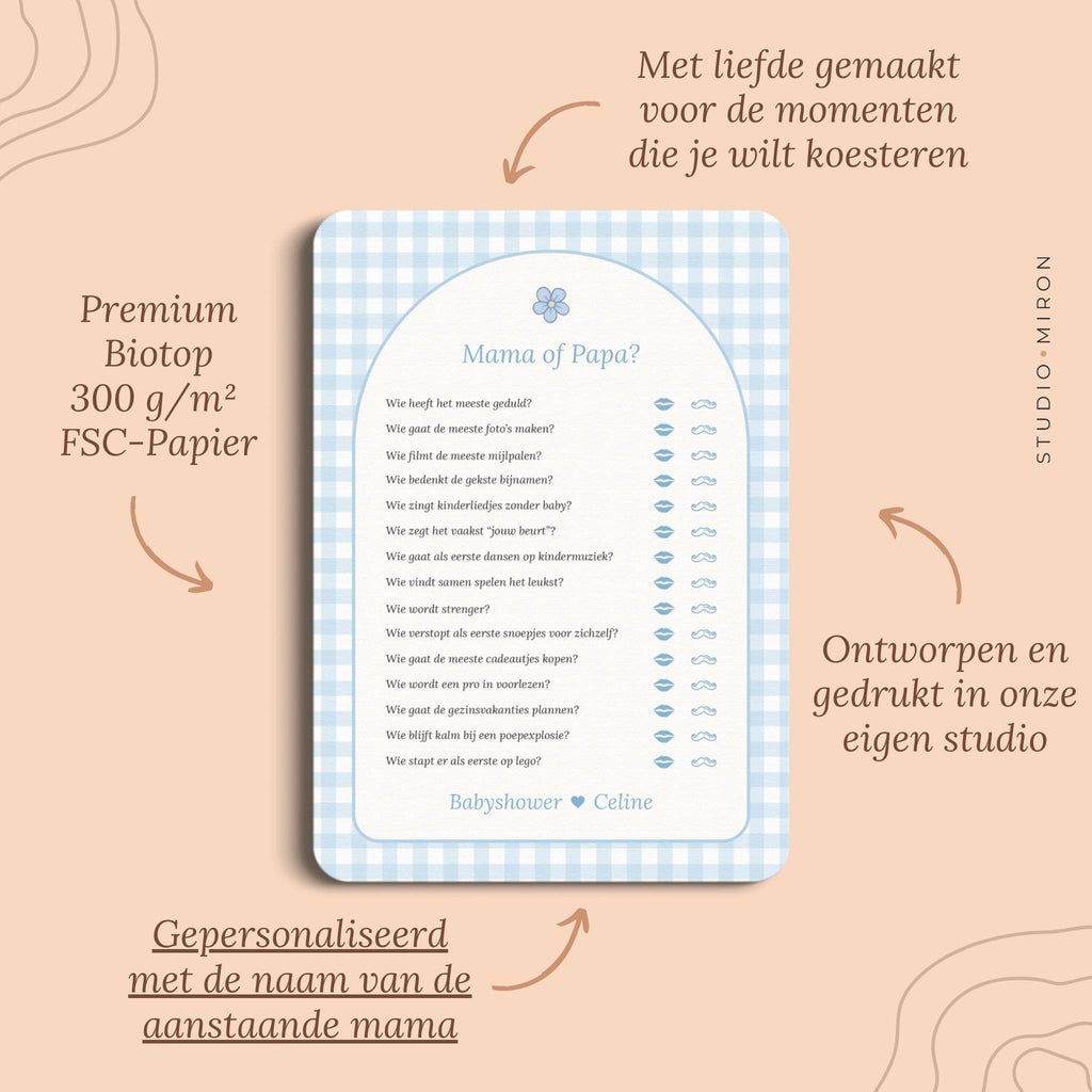 Babyshower spelletjes mama of papa pluspunten gingham blauw Studio Miron