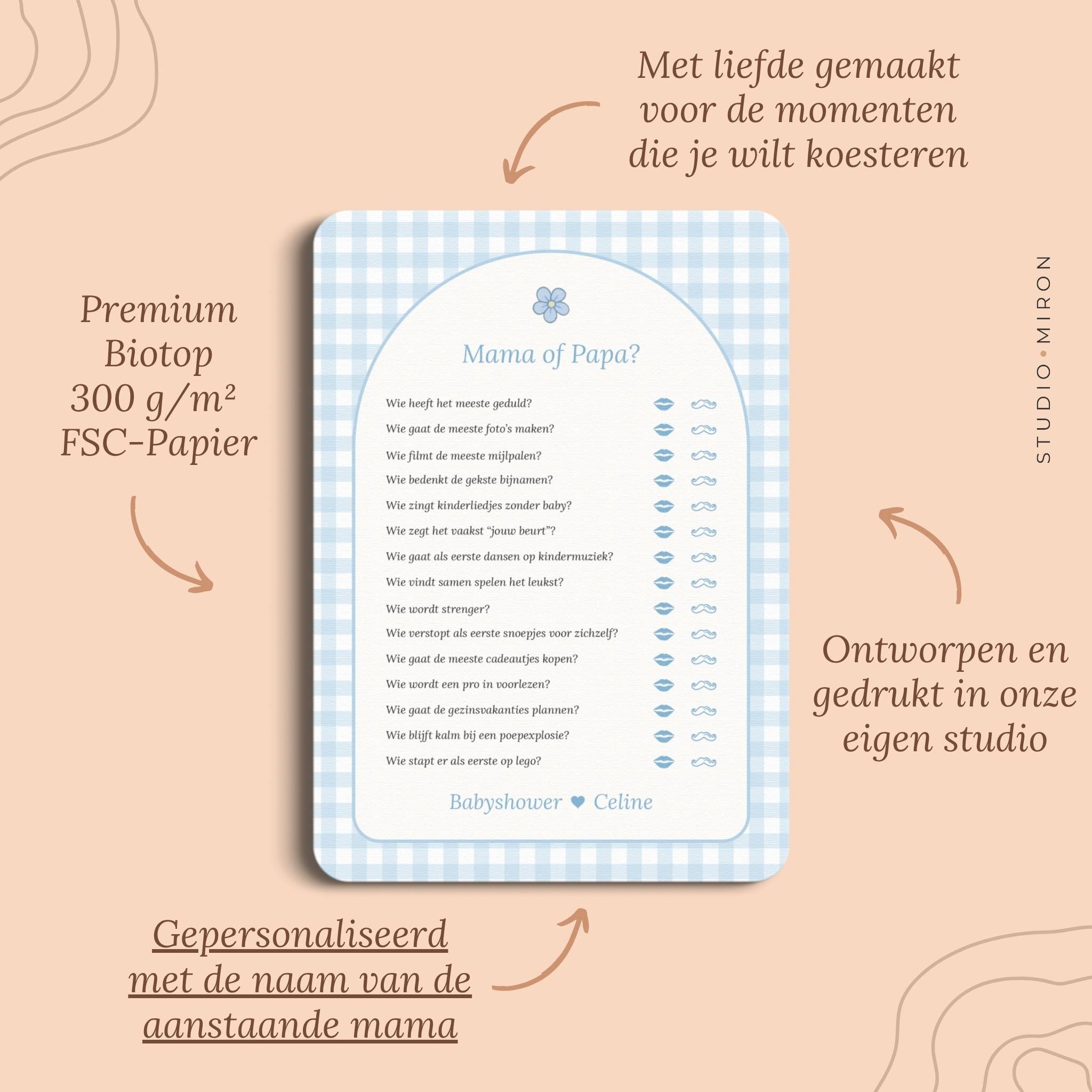 Babyshower spelletjes mama of papa pluspunten gingham blauw Studio Miron