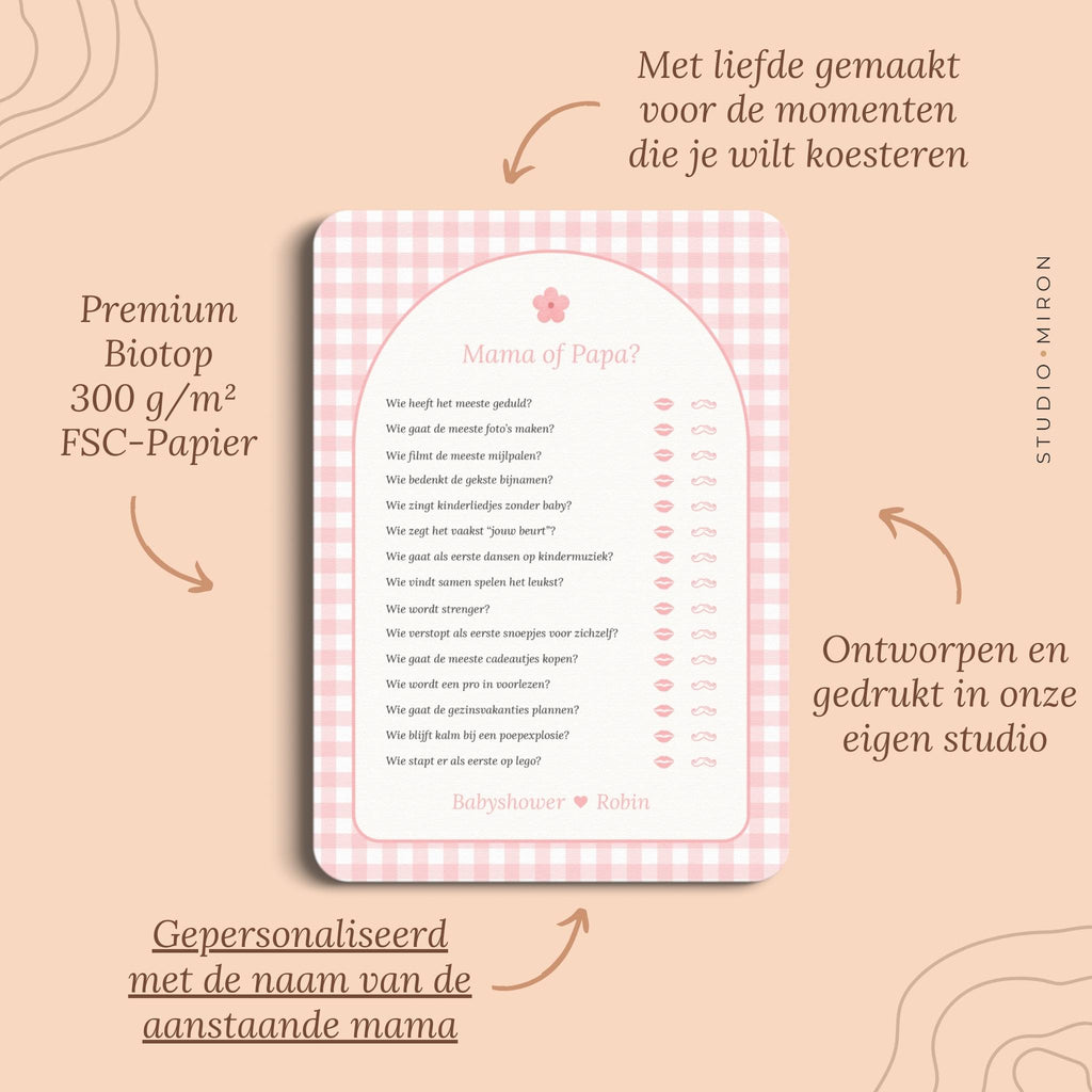 Babyshower spelletjes mama of papa pluspunten gingham roze Studio Miron