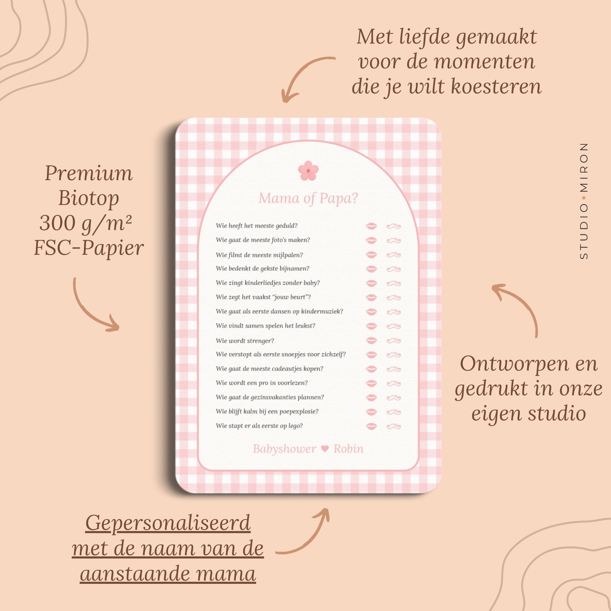 Babyshower spelletjes mama of papa pluspunten gingham roze Studio Miron