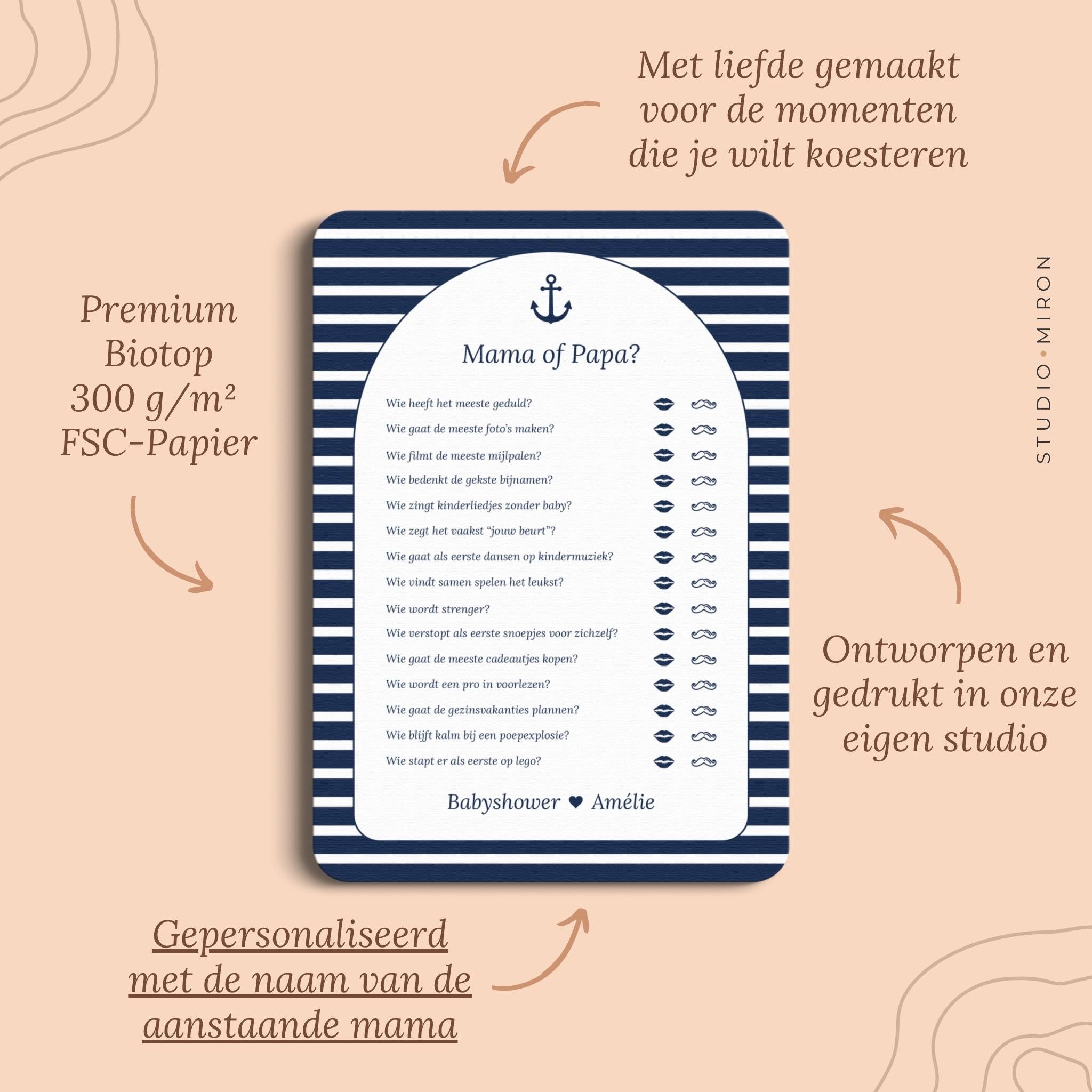 Babyshower spelletjes mama of papa pluspunten navy blue Studio Miron