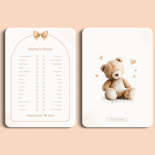Babyshower spelletjes mamas keuze boho beige beertje voor en achter Studio Miron