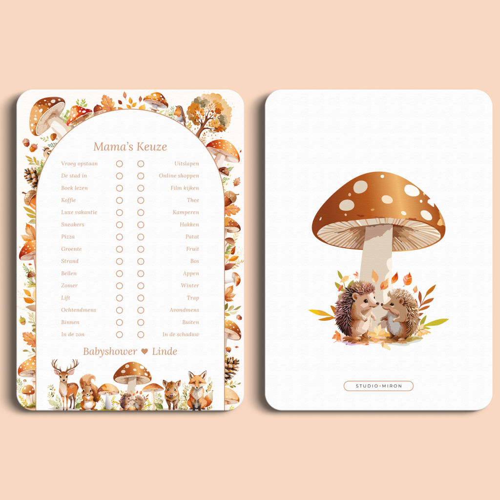 Babyshower spelkaart Mama’s Keuze in Bosdieren stijl, voor- en achterkant – Studio Miron