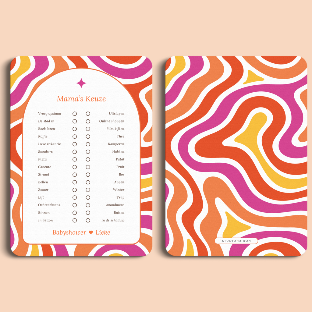 Babyshower spelkaart Mama’s Keuze in Flower Power stijl, voor- en achterkant – Studio Miron