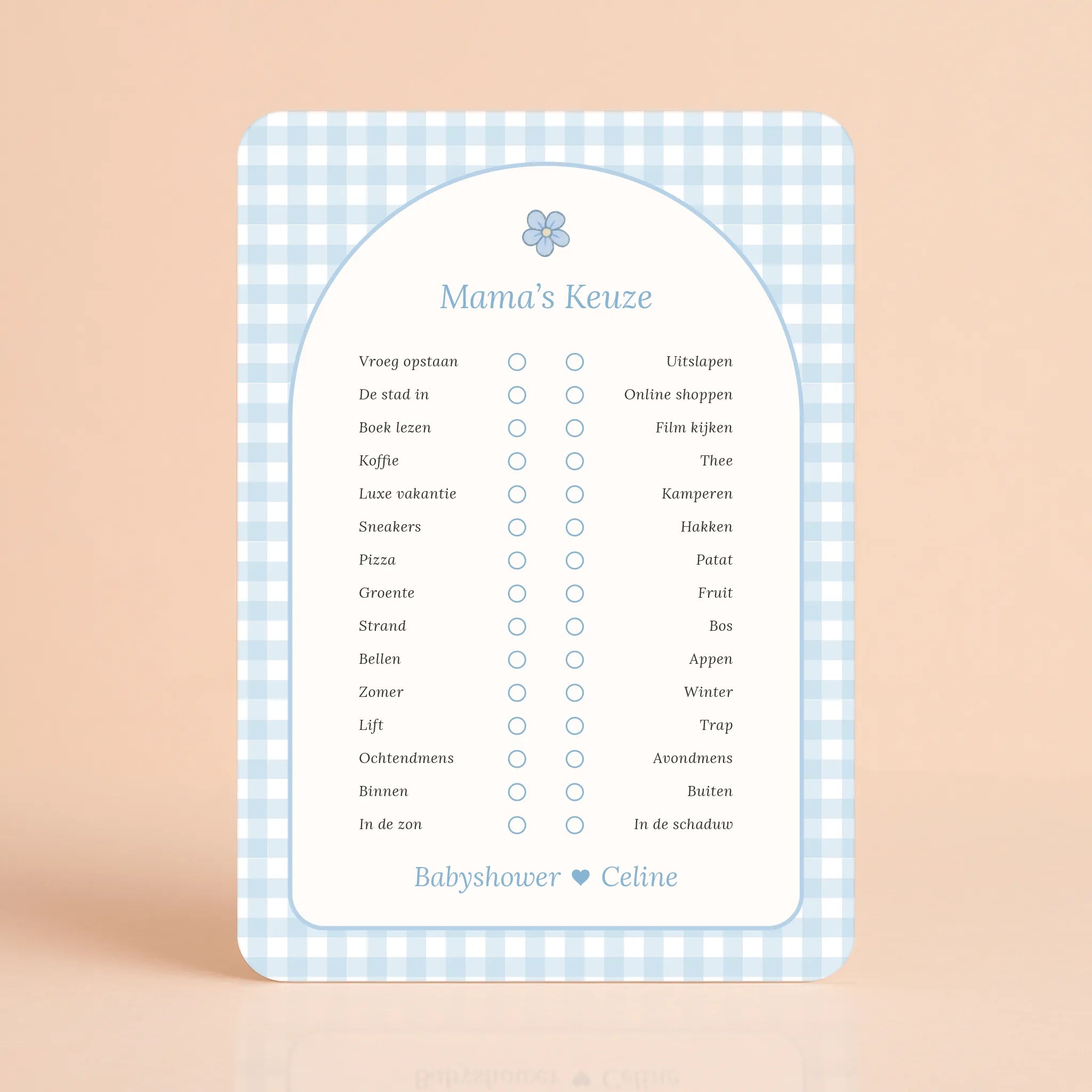 Babyshower spelletjes mamas keuze gingham blauw gepersonaliseerd Studio Miron